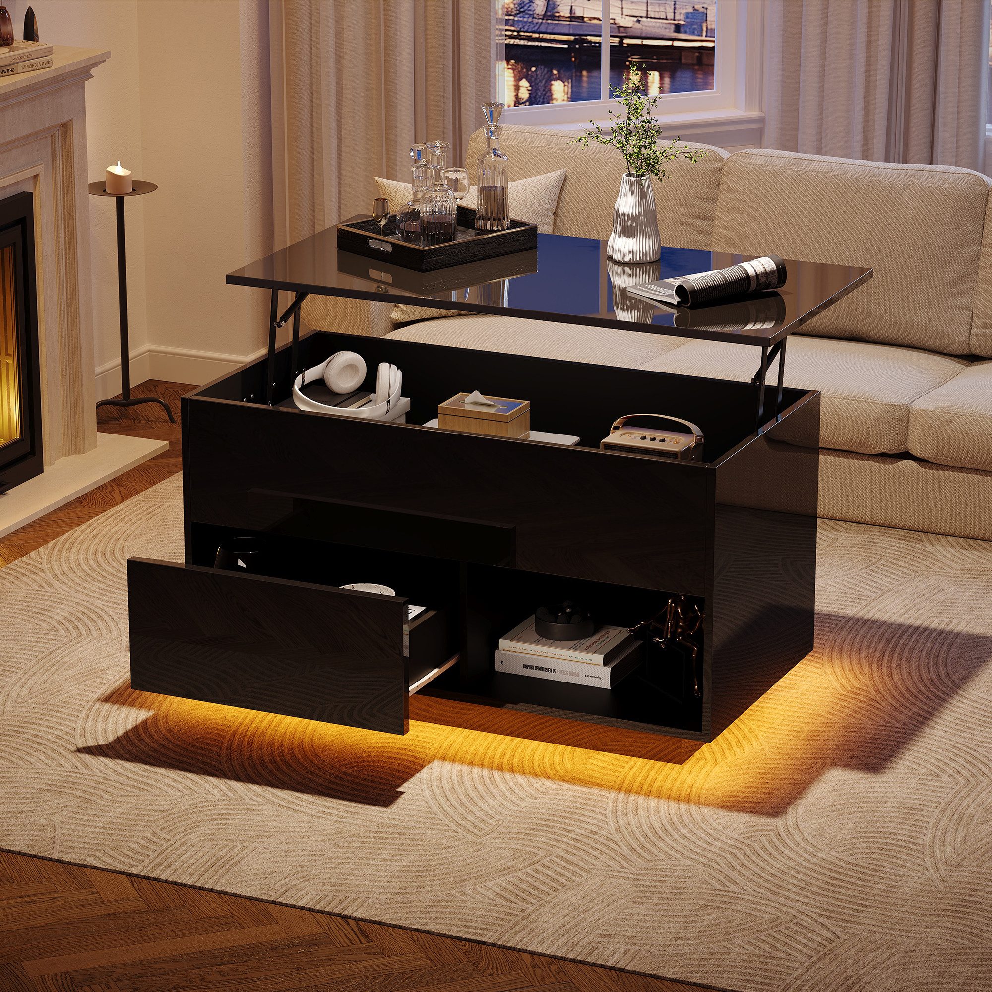 Merax Couchtisch Hochglanz-Lift-Top-Wohnzimmertisch (1-St., 100x50x55 cm), Satztisch mit LED-Beleuchtung,Beistelltisch mit Schublade und Stauraum