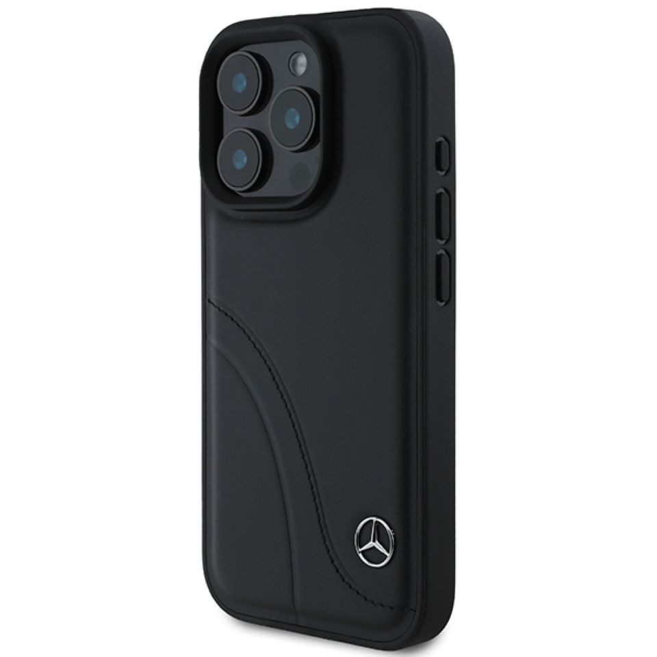 Mercedes Benz Handyhülle iPhone 16 Pro Echtleder schwarz Stern Metall