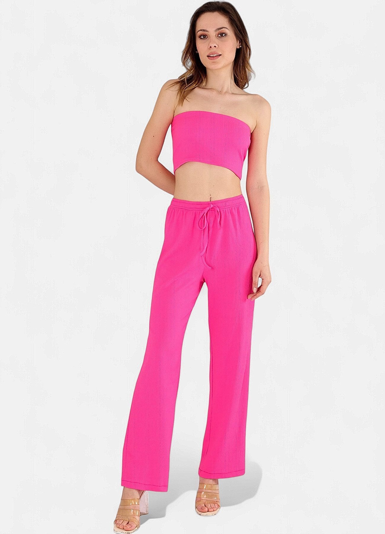 fashionshowcase Palazzohose Damen Crinkle-Hose mit elastischem Bund hoher Bund, elastischer Tunnelzug