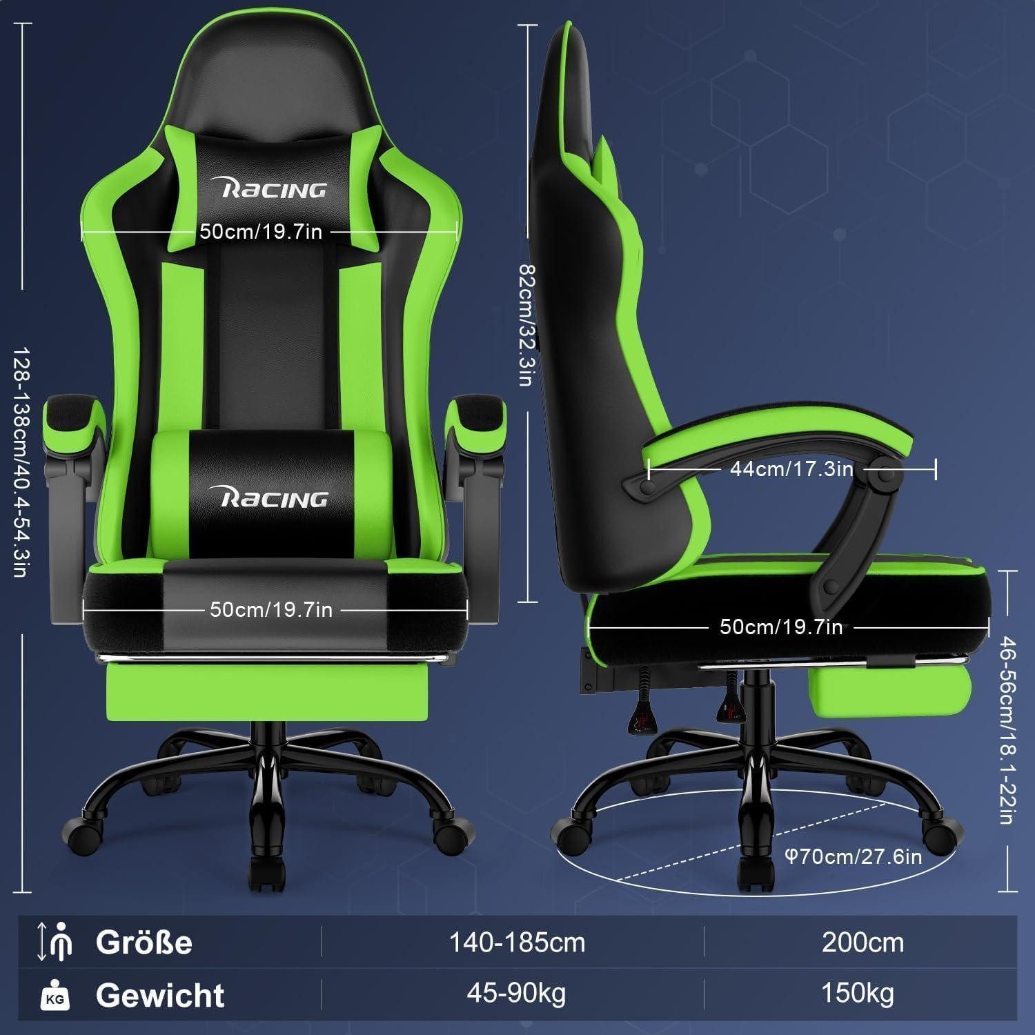 LuxusKollektion Gaming Chair Ergonomischer Gaming Stuhl mit verstellbaren Kissen und Fußstütze bis