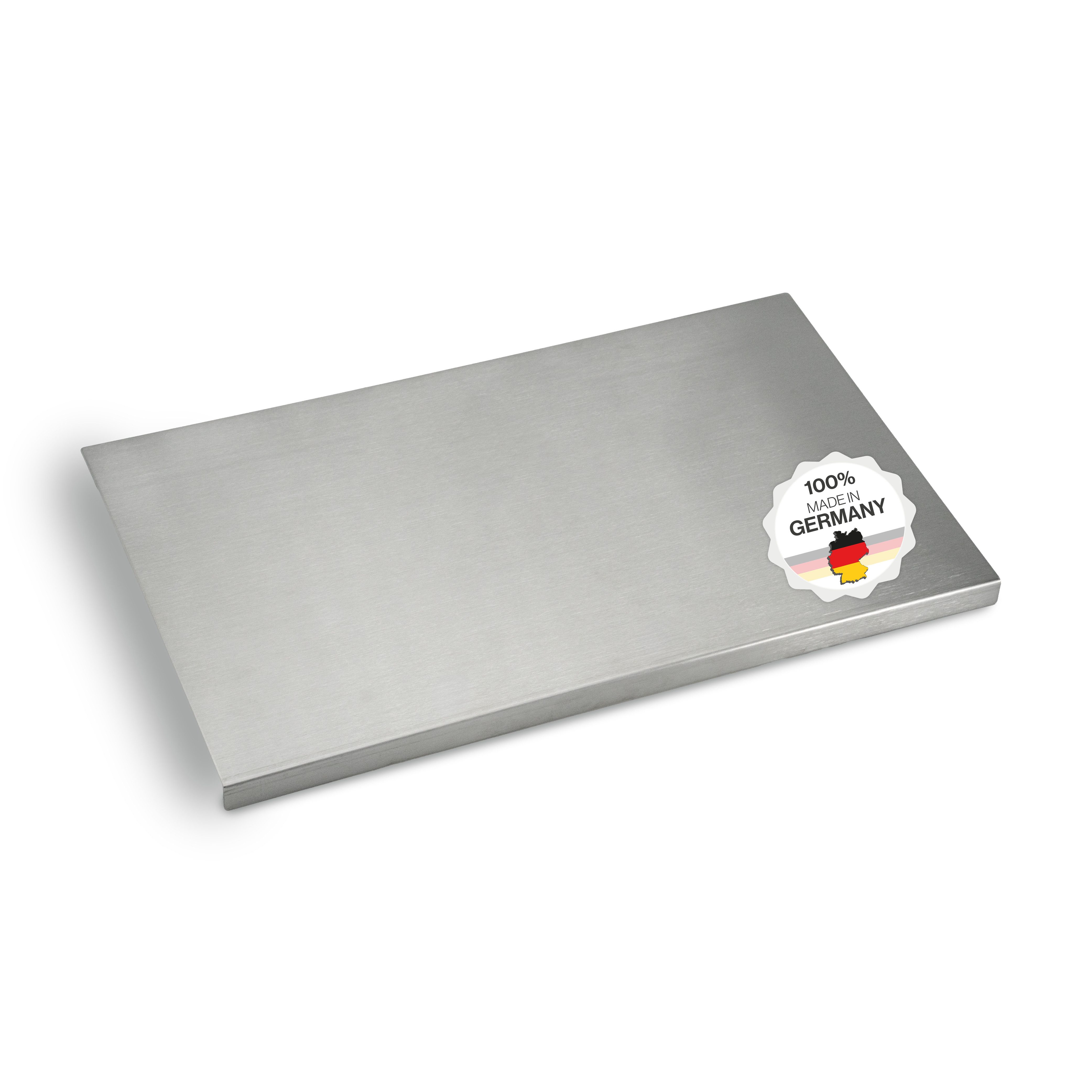 Feuerfest 123 GmbH Schneideunterlage Schneidebrett / Knetbrett aus Edelstahl - mit Anschlagkante, Für Kneten, Schneiden & Backen – 100 % Made in Germany