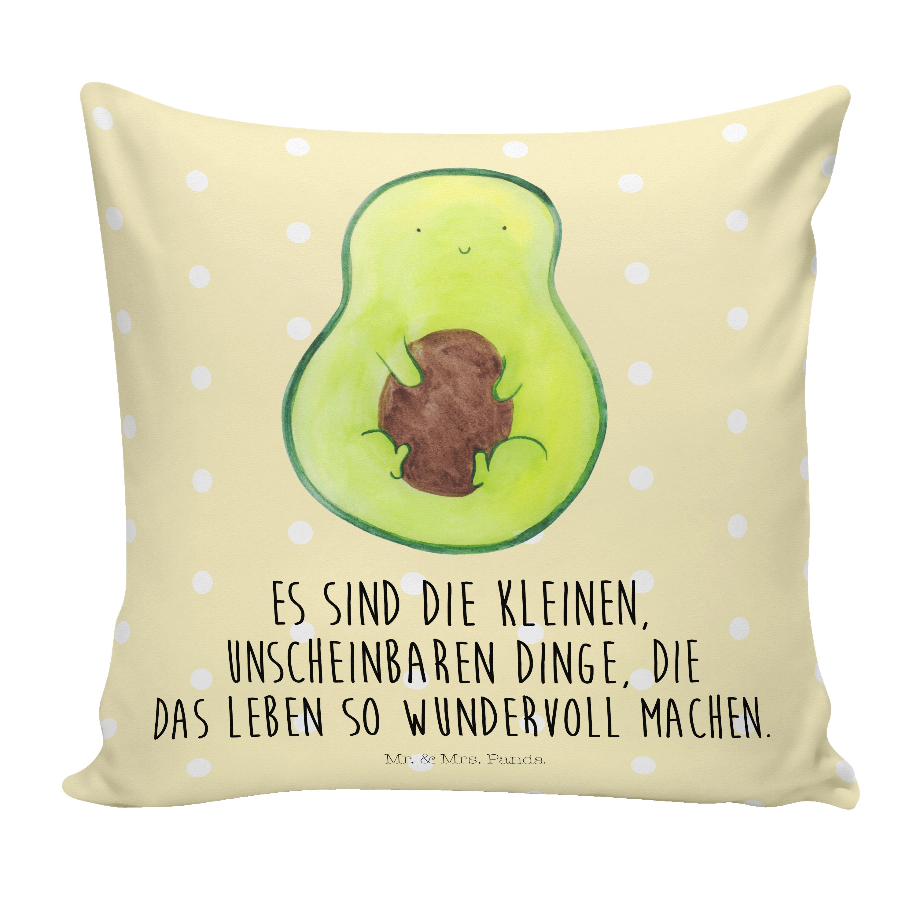 Mr. & Mrs. Panda Dekokissen Avocado mit Kern - Gelb Pastell - Geschenk, Motivkissen, Spruch Leben