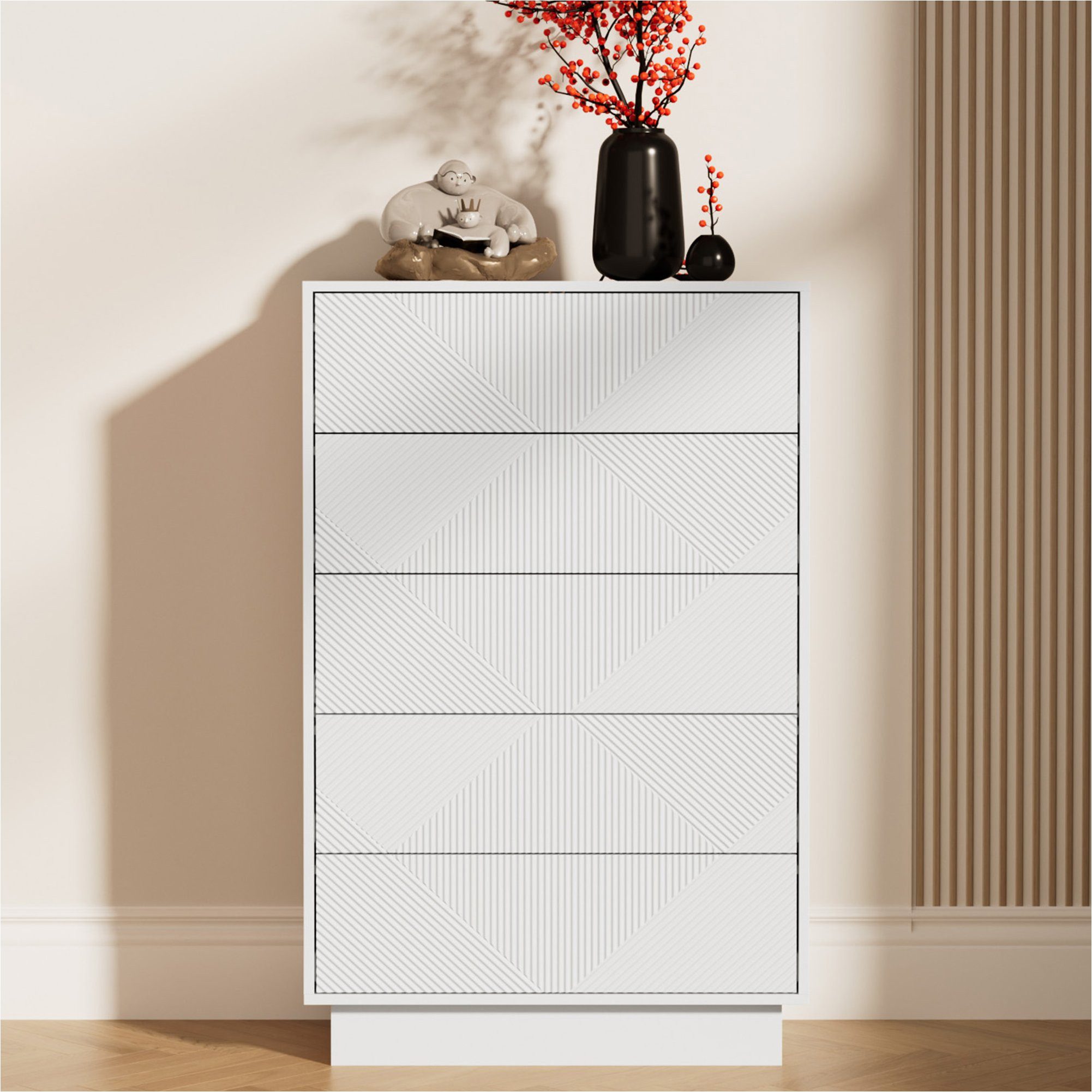 UEV Kommode mit 5 Schubladen, Sideboard, Schubladenschrank Schmal, 60x33,5x94cm (Sideboard für Wohnzimmer Schlafzimmer Büro Flur, Aufbewahrungsschrank mit Kisppschutz mehrzweckschrank), Drucköffner/ Push to open Schubladen Aufbewahrungskommode