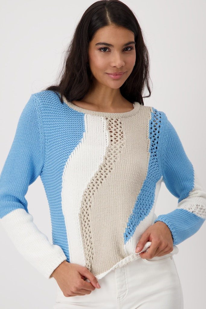 Monari Rundhalspullover Blaues Muster Trendiger Strickpullover mit auffälligem Intarsienmuster