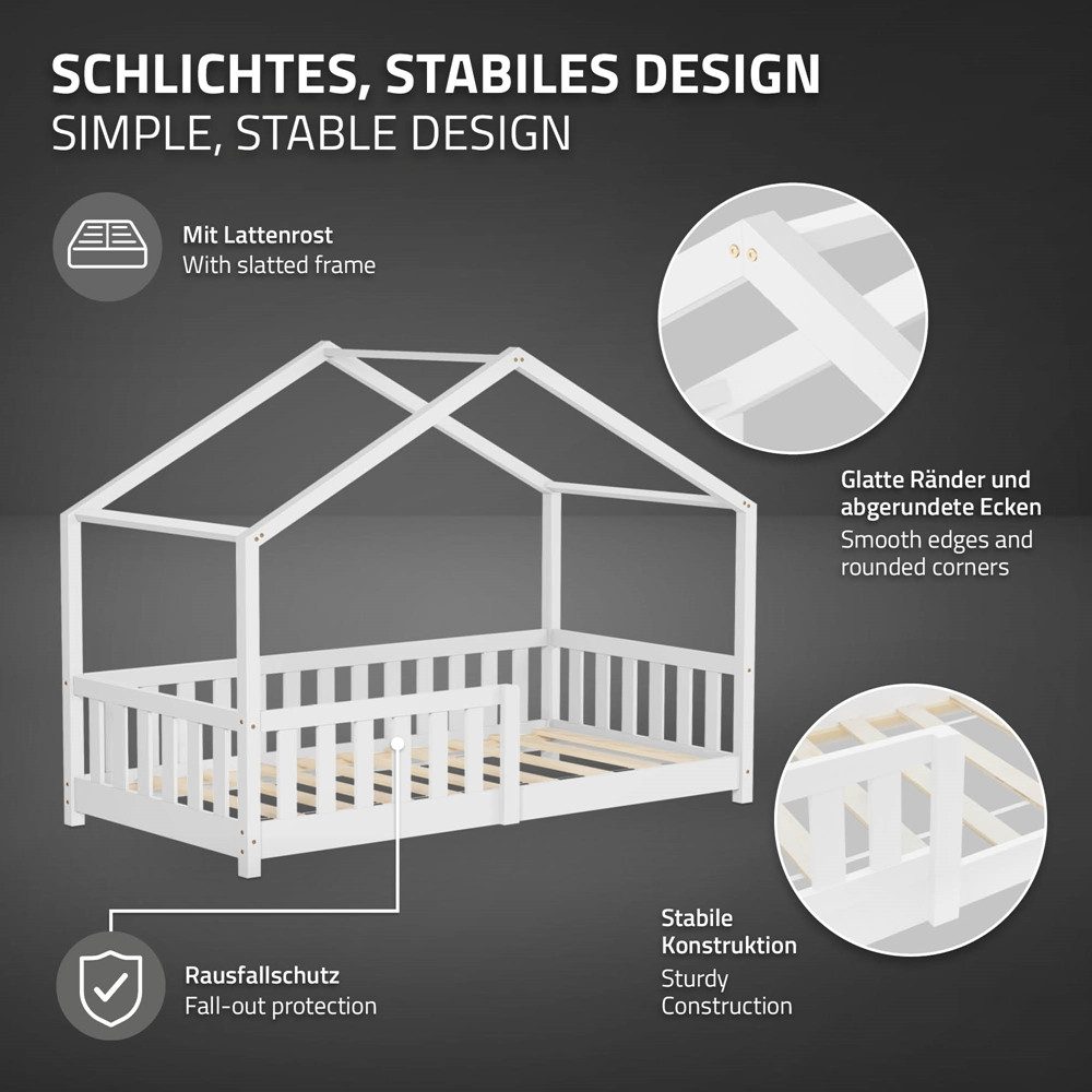 ML-DESIGN Spielbett Hausbett Kinderbett inkl. Lattenrost & Rausfallschutz Kinder Bodenbett, Abenteuerbett 80x160cm Haus Bett Himmelbett Kiefer Jugendbett Weiß