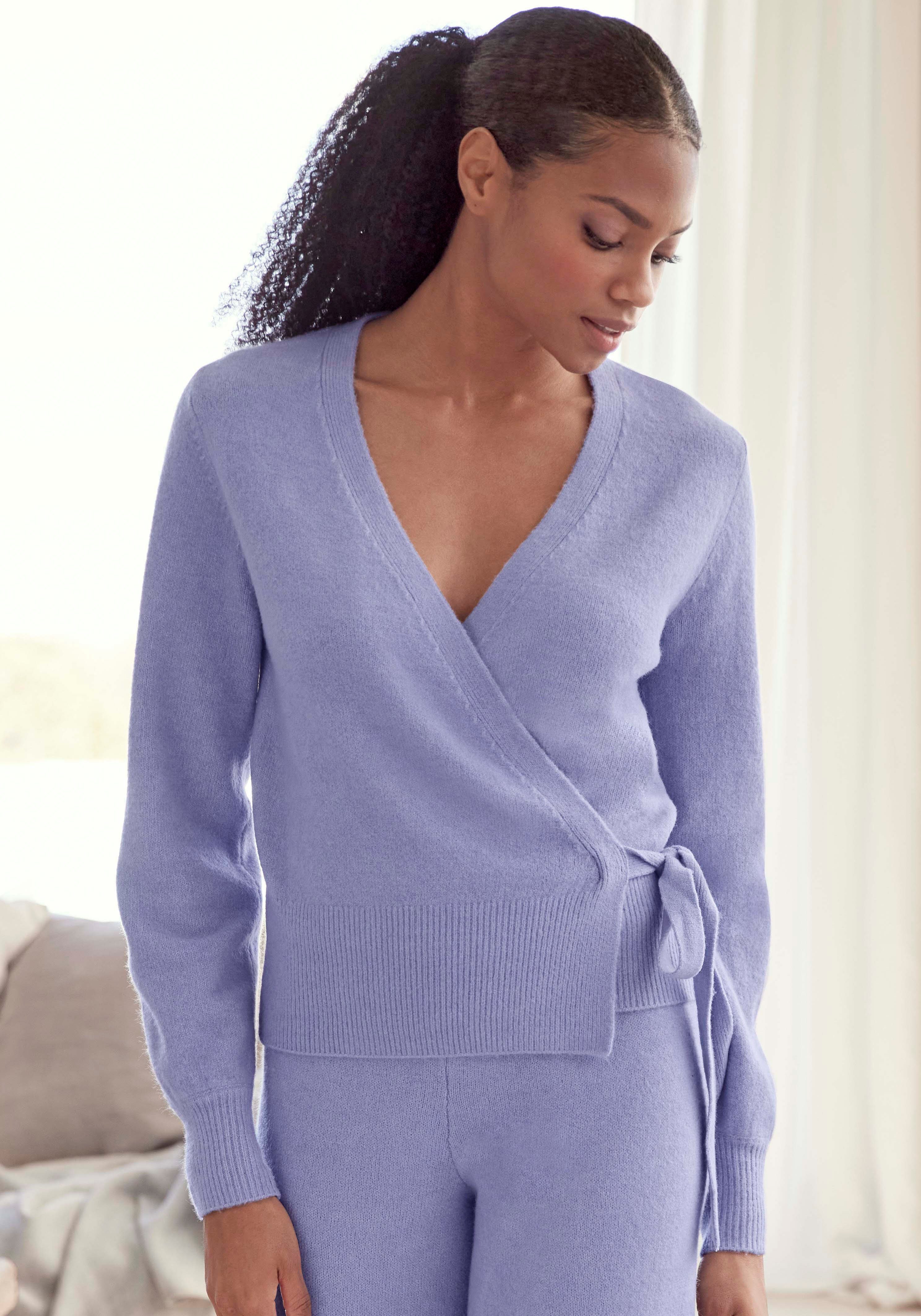 LASCANA Wickelstrickjacke -Strickjacke Loungewear Rippbündchen, breitem mit Bindeband und hellblau