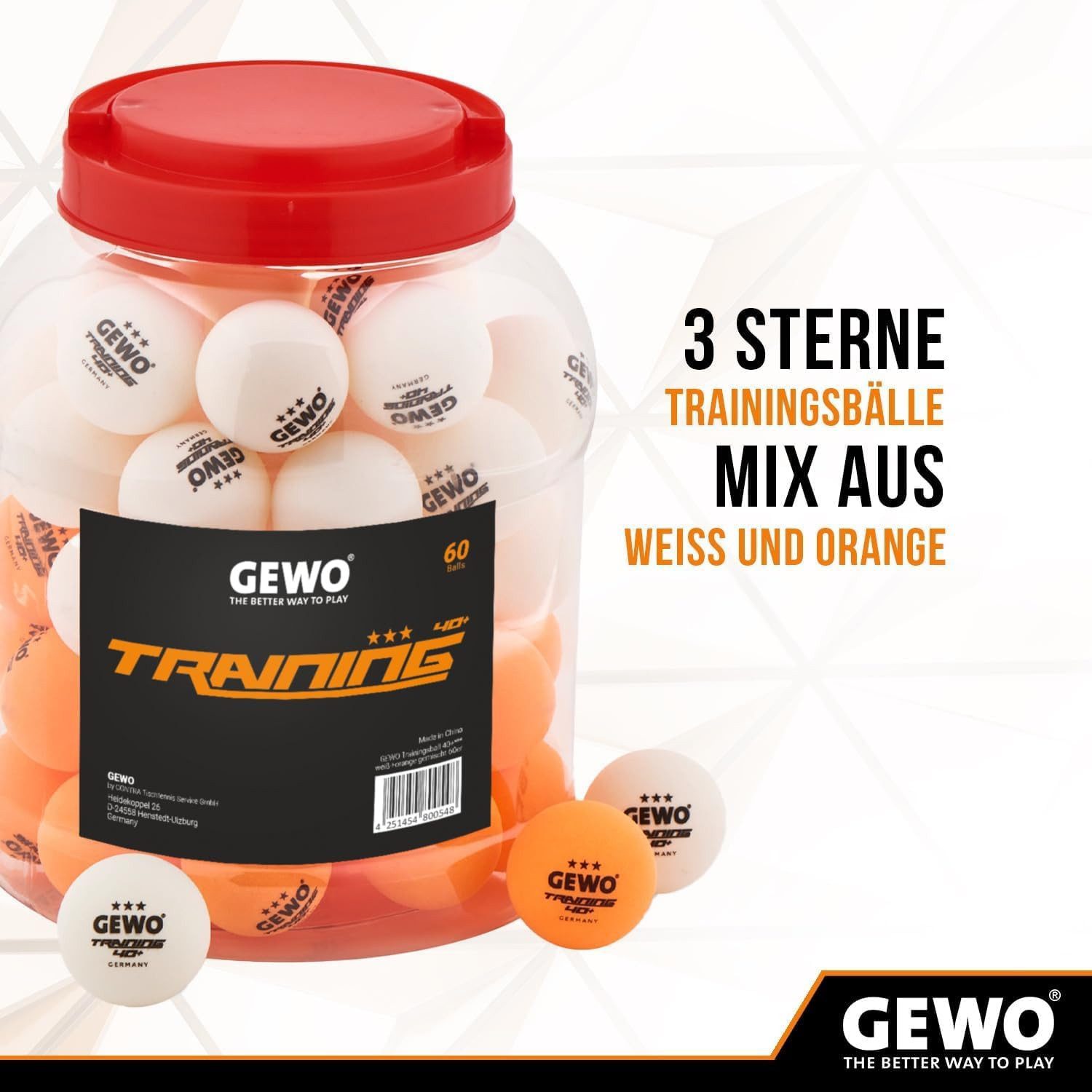 Gewo Tischtennisball 60 Stück, 3 Sterne 40+, Training ABS Ping Pong Bälle weiß-orange (60-St)
