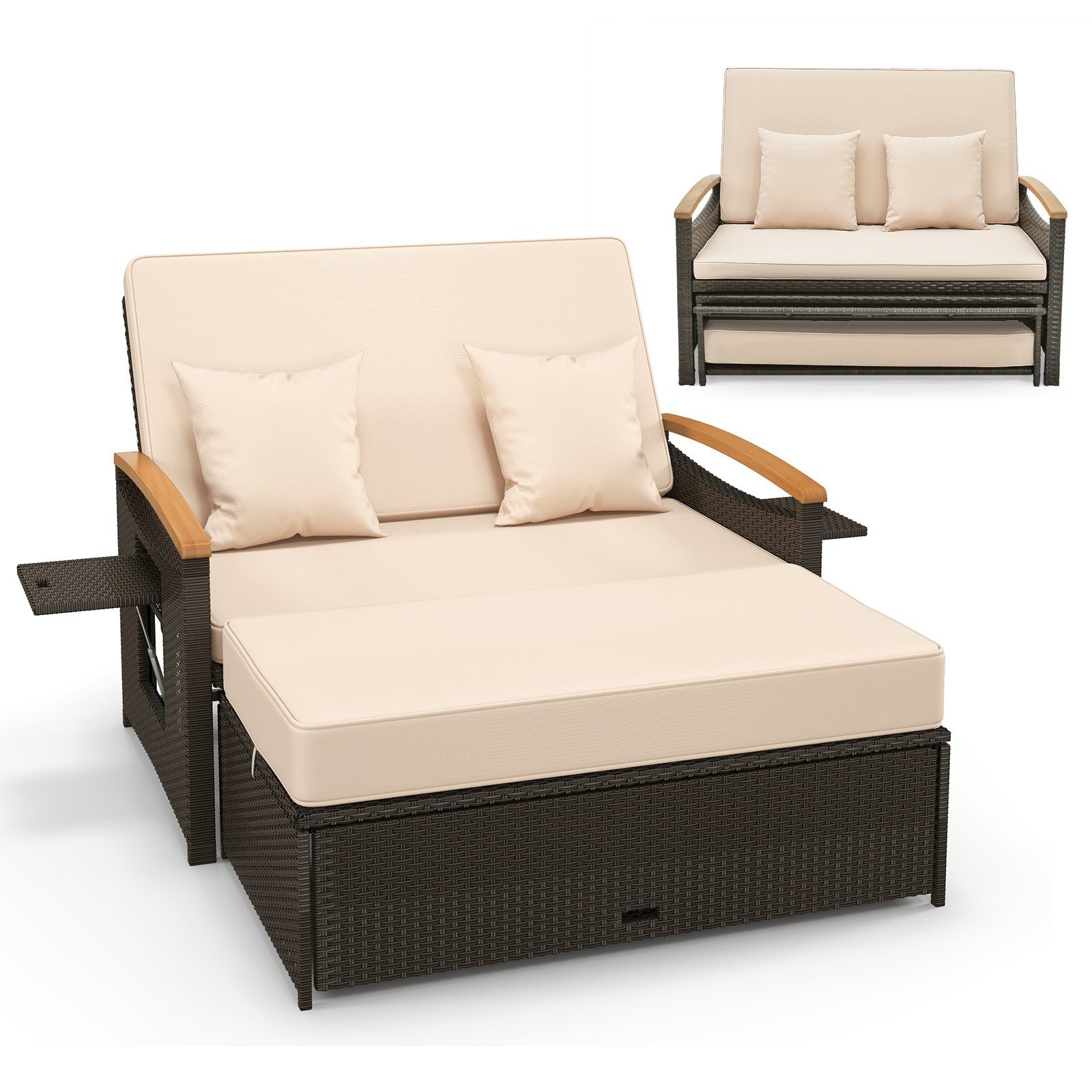 COSTWAY Loungebett, Rattan, 2-Personen, 3 in 1, mit verstellbarer Rückenlehne