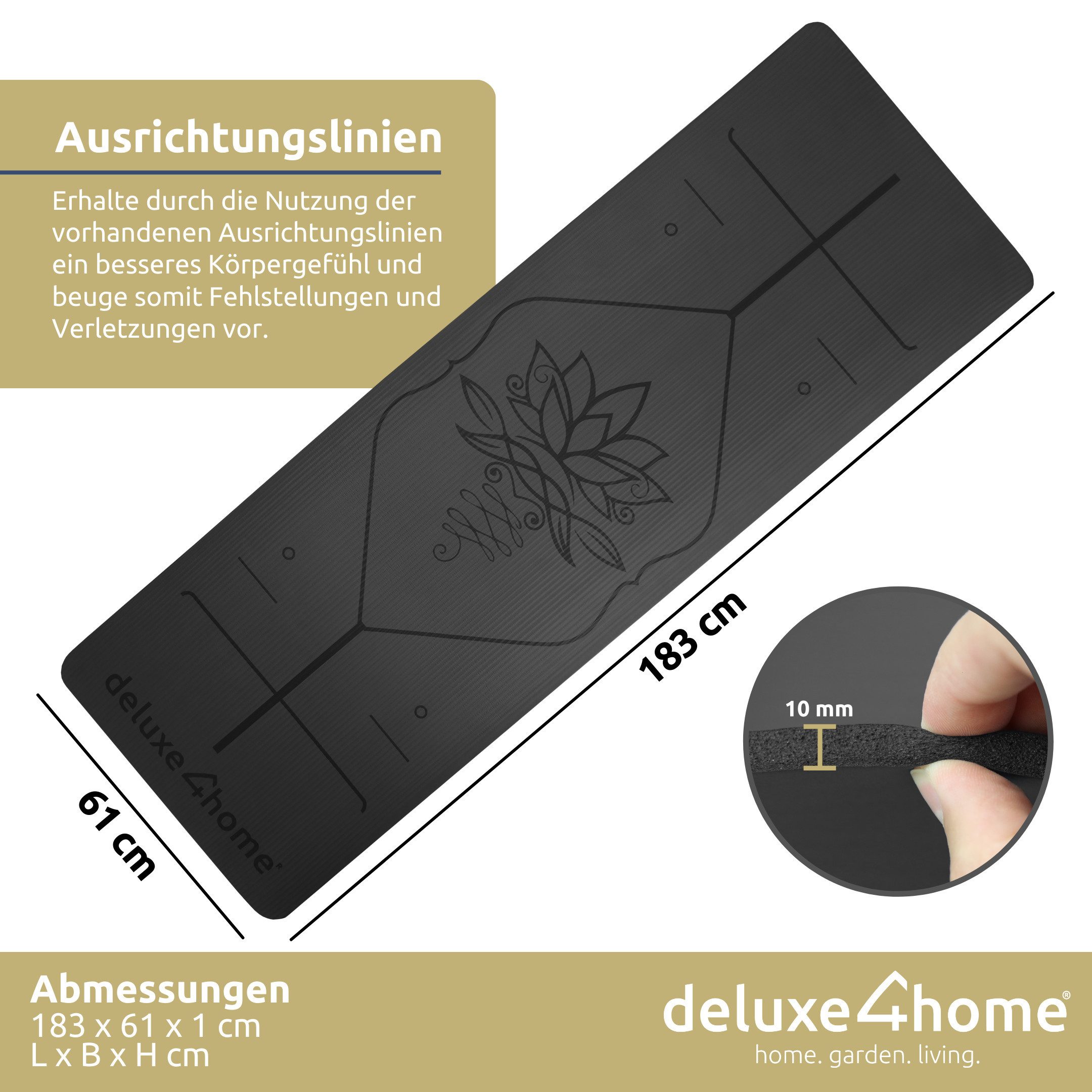 deluxe4home Yogamatte Gymnastikmatte mit Ausrichtungslinien I Phthalatfreie NBR Turnmatte, inkl. Tragegurt