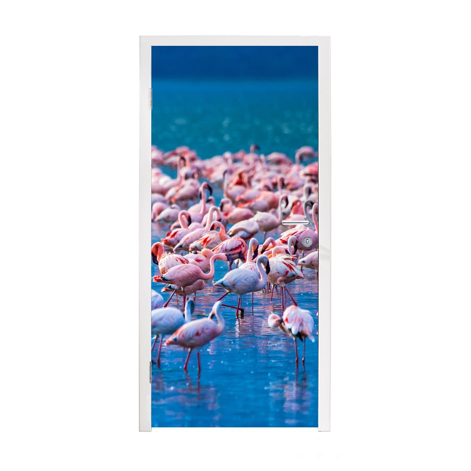 Tür, Wasser Rosa, MuchoWow St), Türtapete für - Türaufkleber, Matt, cm - Tropisch Fototapete Flamingo bedruckt, (1 75x205 -