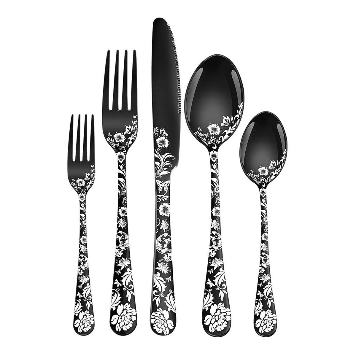 Diwzbyn Besteck-Set 20-teilig für 4 Personen – Edelstahl Messer (20-tlg), Gabeln & Löffel, elegantes Pfingstrosen-Design für Küche und Esstisch