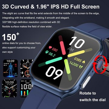 Marsyu Benachrichtigungen erhalten Smartwatch (1,96 Zoll, Android, iOS), Herzfrequenz Blutdruck SpO2 Körpertemperaturmessung,IP68 Wasserdicht