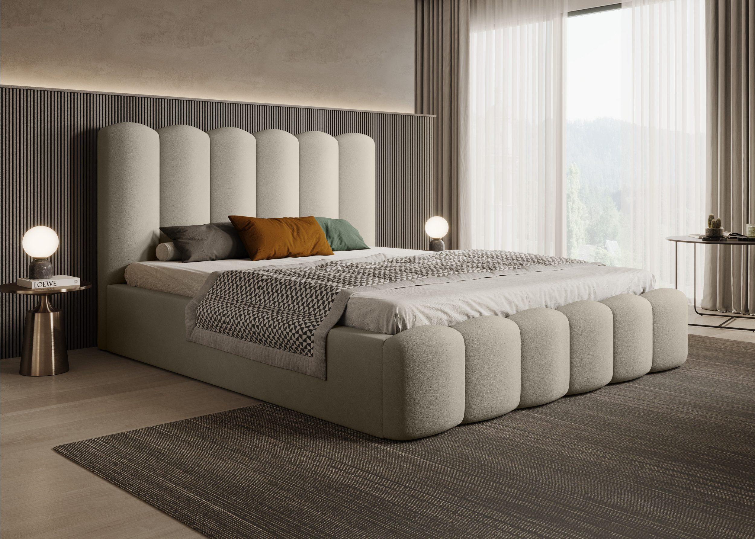 Goldstoff Polsterbett mit Bettkasten - LOFT inkl. Lattenrost und hohem Kopfteil (140x200 160x200 180x200 200x200cm - mit gepolstertem Kopfteil, Doppelbett - Designerbett - Wolkenbett), Erhältlich in 4 Größen