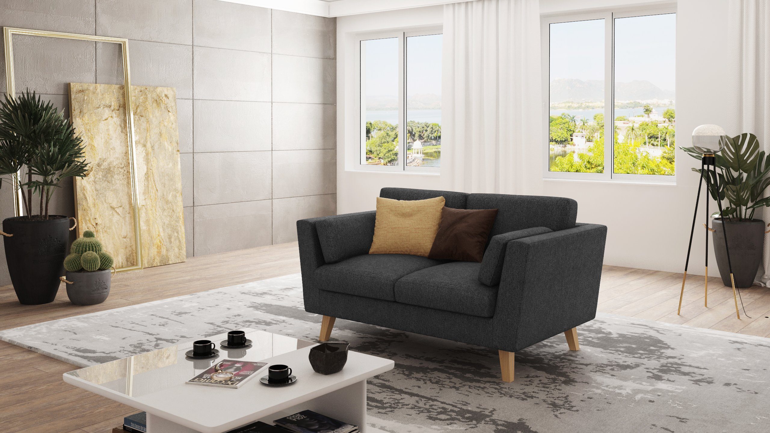 Angeles im Graphit mit skandinavischen S-Style Wellenfederung Sofa Design, 2-Sitzer Möbel