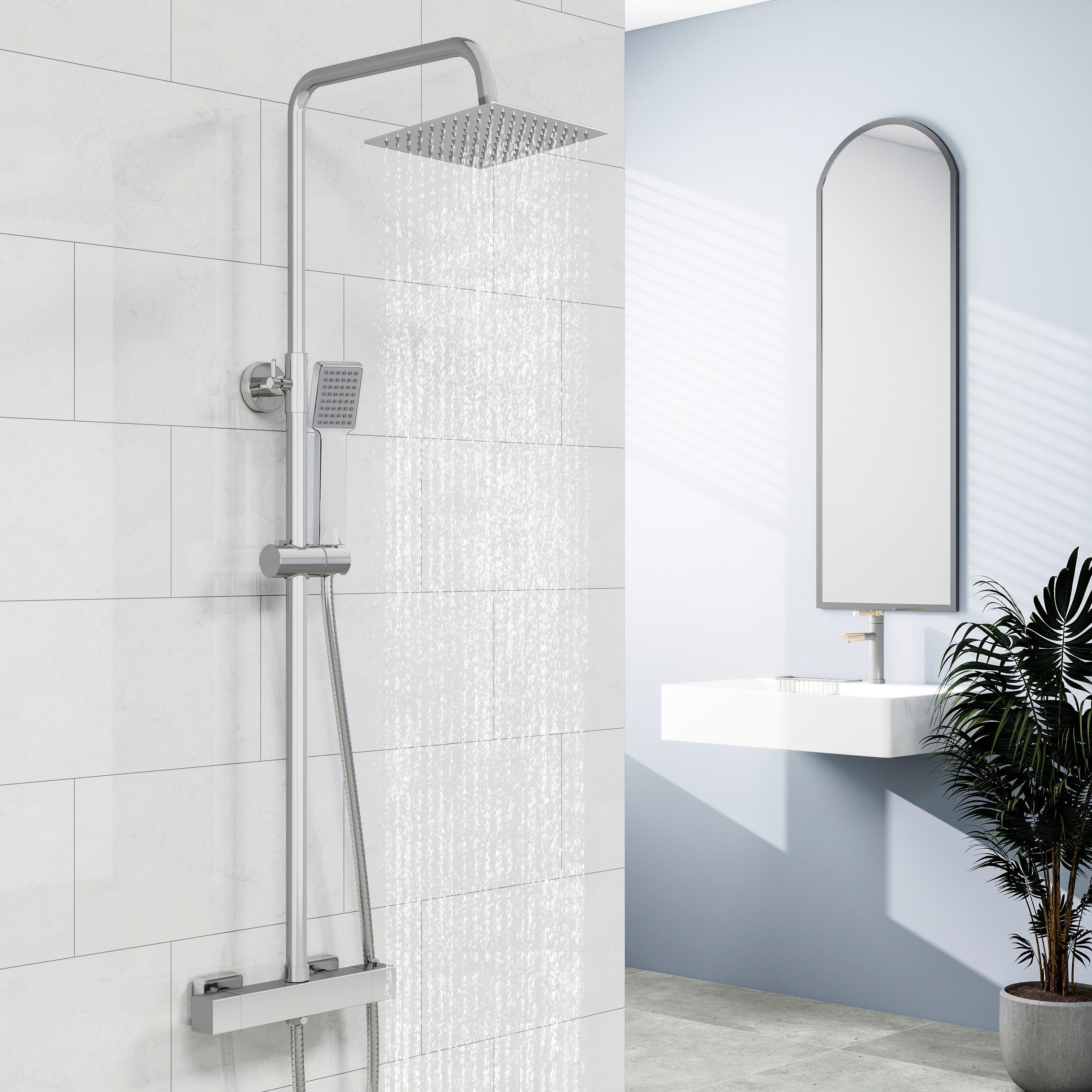 duschspa Duschsystem Duschset mit Thermostat 38℃ verstellbare Duschstange aus Edelstahl, 2 Strahlart(en), Regendusche mit quadratischem Duschkopf 20x20cm