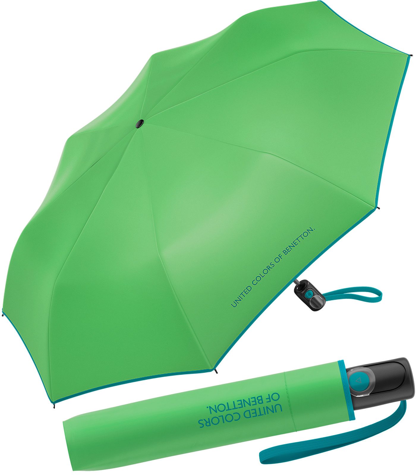 United Colors of Benetton Taschenregenschirm für Damen mit Auf-Automatik Mini AC FS 2026, klein, leicht, mit farbigem Einfassband