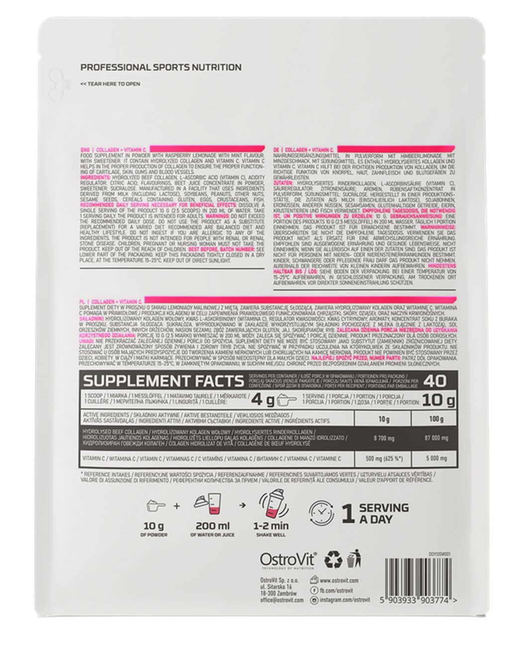 OstroVit OstroVit Kollagen + Vitamin C 400 g Pulver, Die Quelle für hydrolysiertes Rinderkollagen