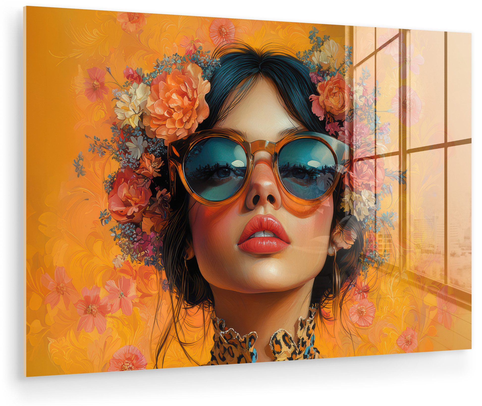MuchoWow Acrylglasbild Frau - Blumen - Ästhetik - Orange, Inkl. Aufhängung, Glasbilder Wohnzimmer, Schlafzimmer, Flur & Esszimmer, 30x20 cm
