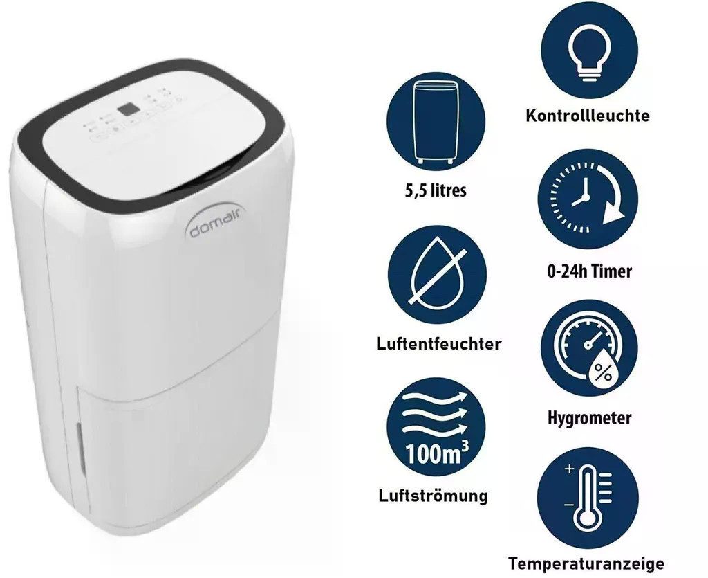 JUNG Luftentfeuchter Domair Luftentfeuchter 240W, 5,5Liter Wassertank, Hohe Entfeuchtungsleistung 16L Pro Tag, leiser Betrieb