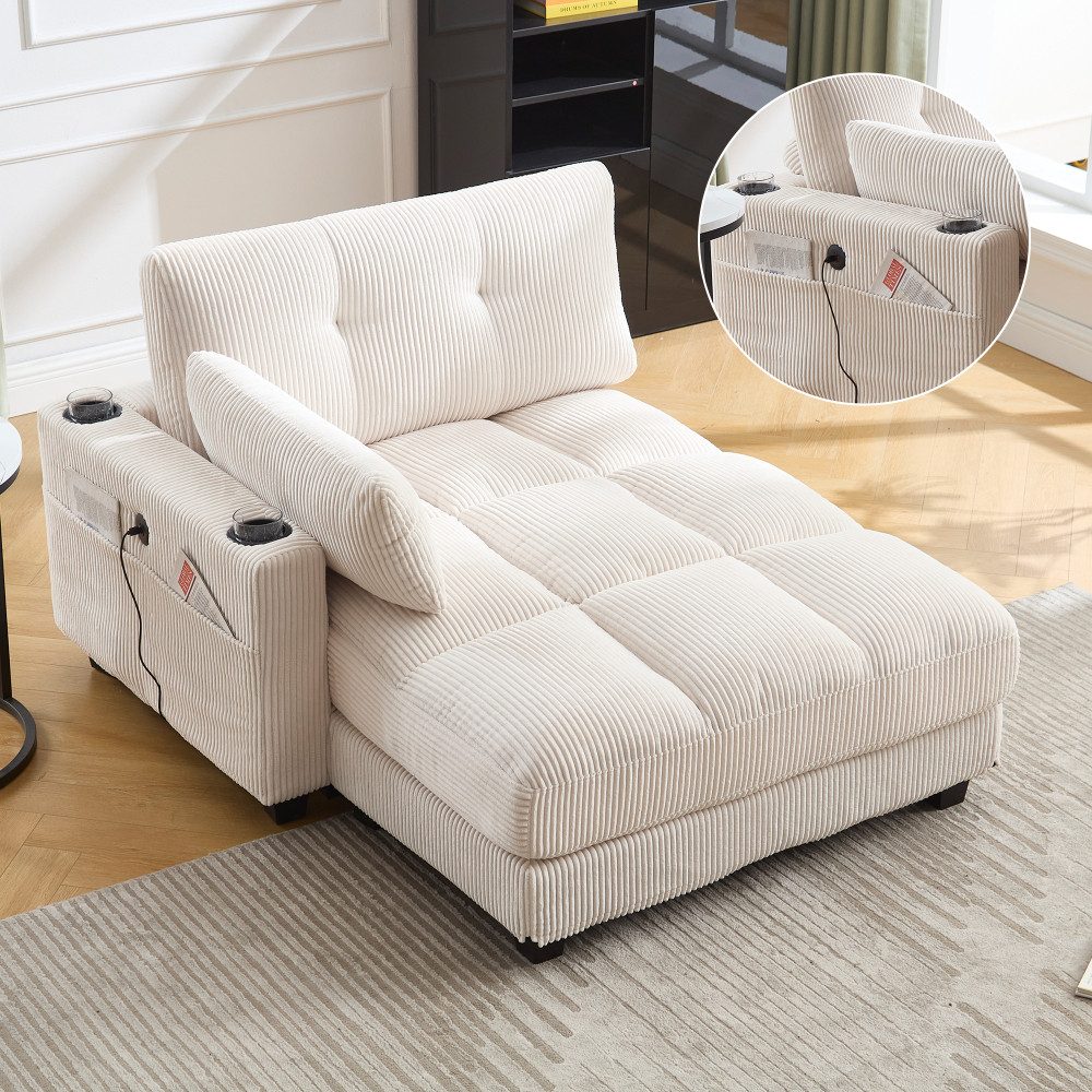 BBG Sessel Cord Sessel XXL mit USB & Type-C Anschluss, 140x112x81 cm (Loungesessel mit Getränkehalter & Seitentasche), Weicher Fernsehsessel mit Kissen, Moderner Relaxsessel