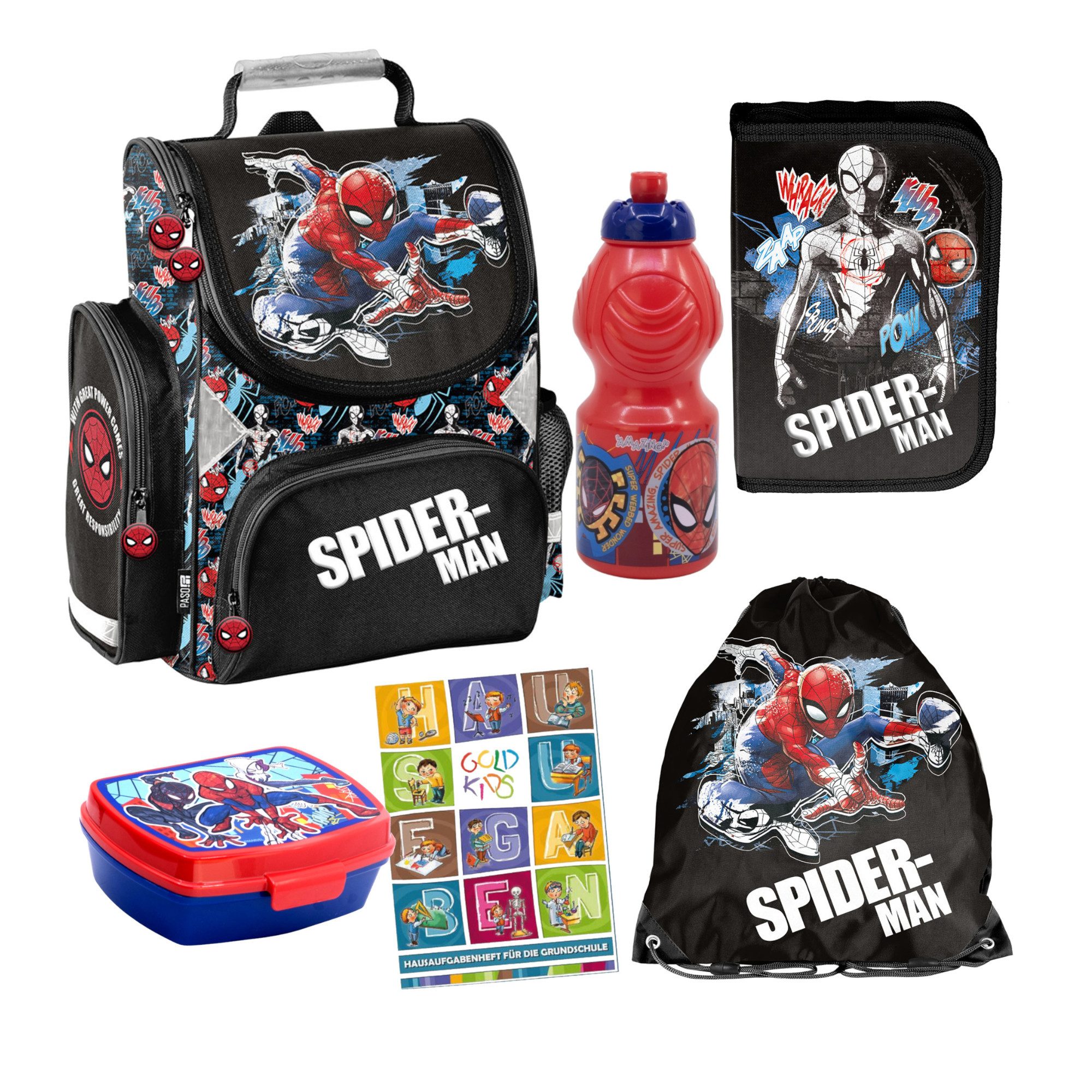 GOLDKIDS Schulranzen für Jungen, 6er- (Schul-Rucksack für Kinder mit Federmäppchen, 1-tlg., - Schuhbeutel Brotdose und Trinkflasche), - Spiderman Motiv - 1-3 Klasse