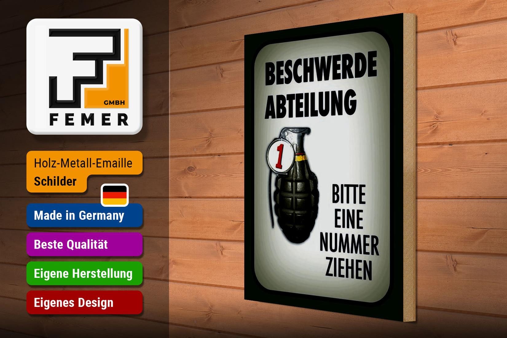 Femer GmbH Holzbild Spruch 30x40cm Beschwerde Abteilung bitte Nr., Sprüche Zitate Lustiges, Waffen (1 St), Glatte Holzfaserplatte (MDF), vorn beschichtet