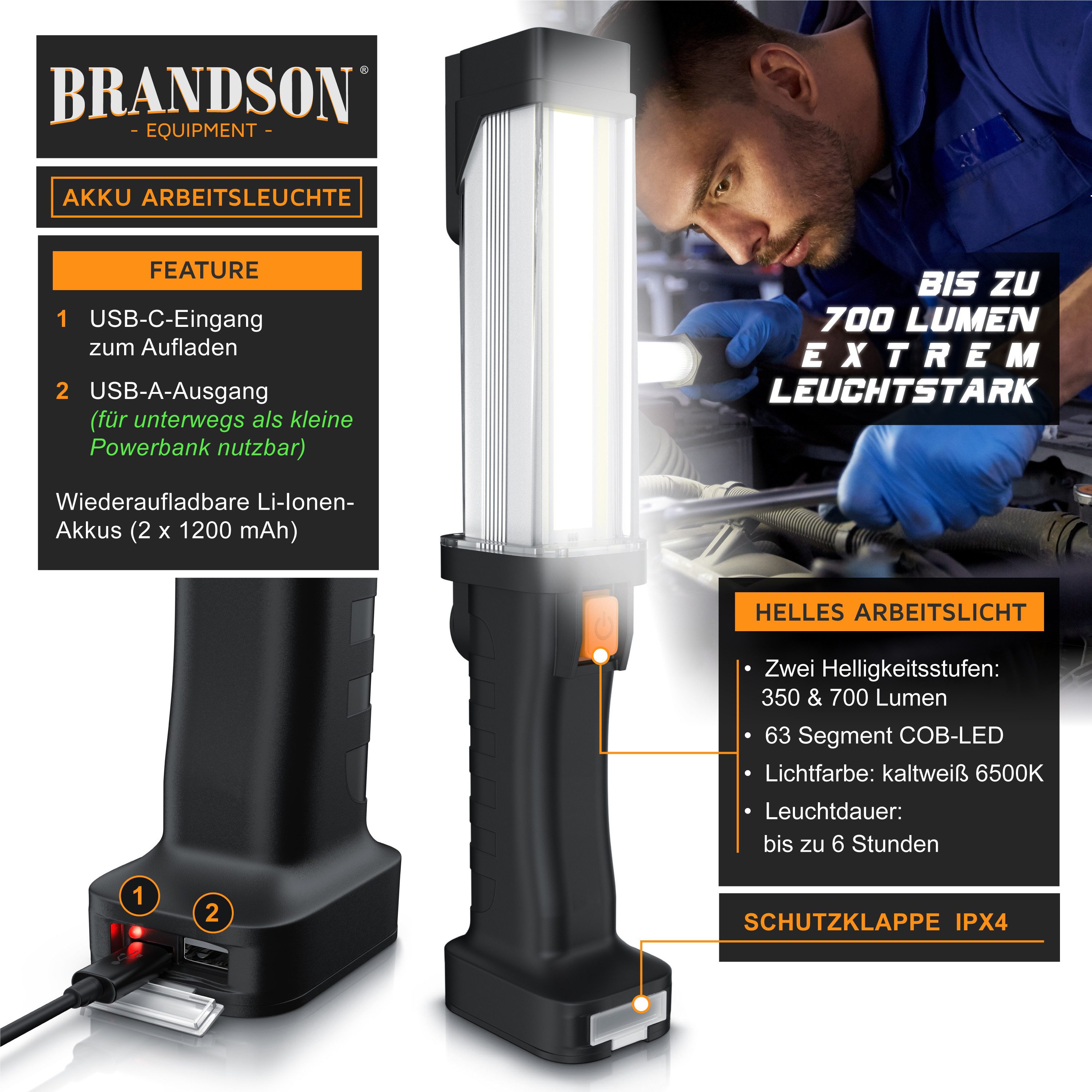 Brandson LED Arbeitsleuchte Akku Werkstattlampe mit Haken & Magnet, 2 Helligkeitsstufen, 700 Lumen, Ein-/Ausschalter, mehrere Helligkeitsstufen, LED fest verbau – Bild 4 von 5