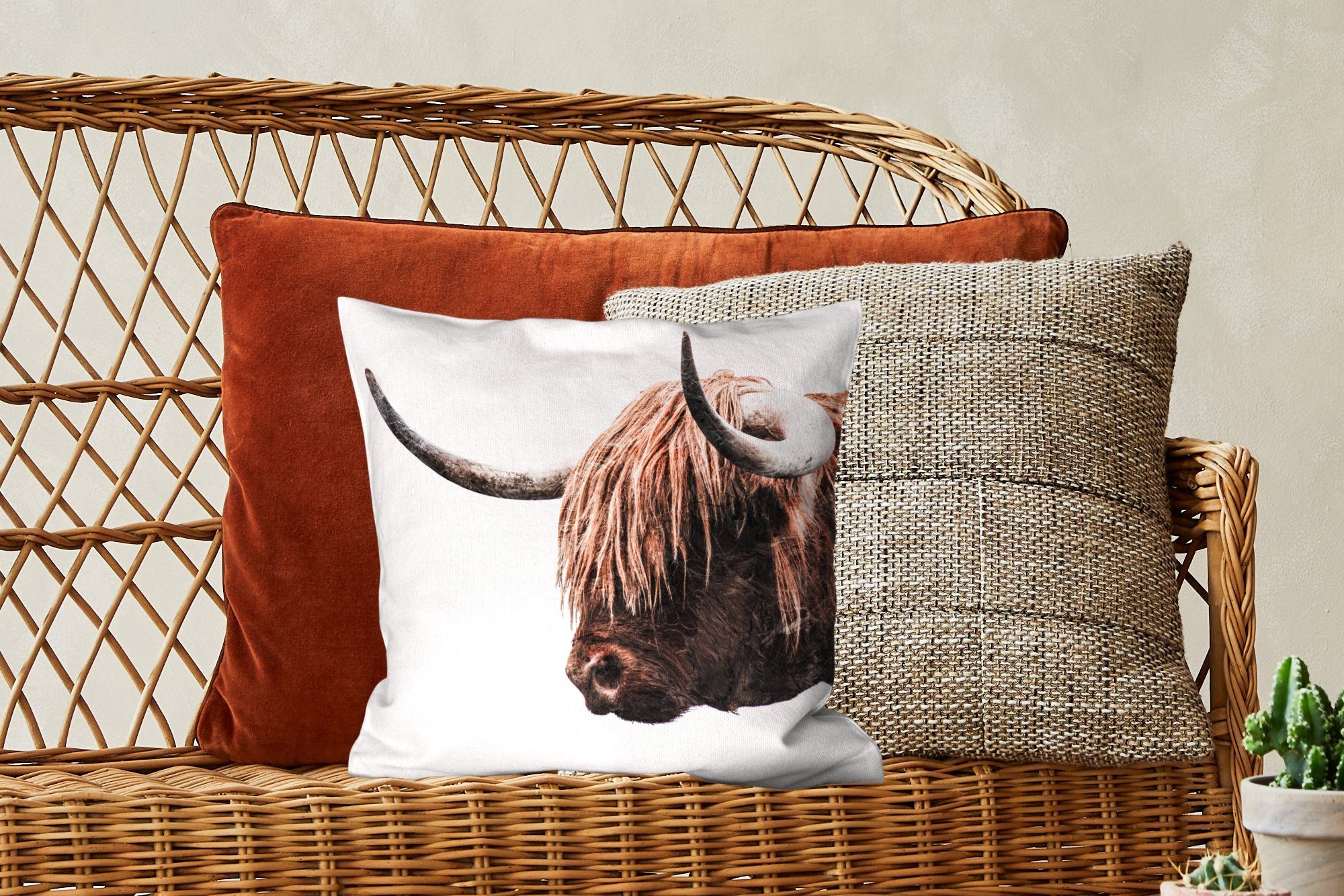 Schlafzimmer, Schottischer Sofakissen Hörner, - MuchoWow Dekokissen Highlander Füllung Deko, mit - Zierkissen für Wohzimmer, Tiere