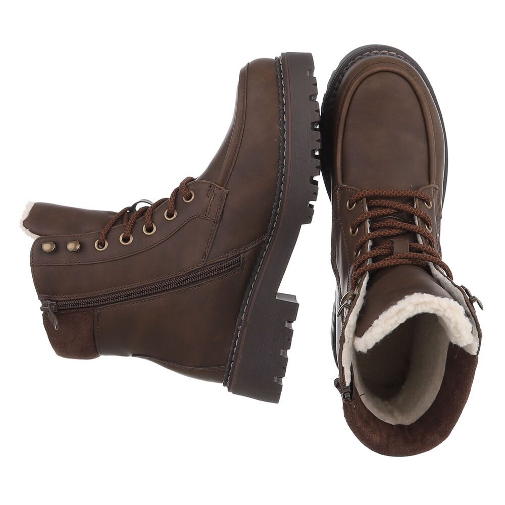 Ital-Design Damen Schnürstiefel mit Profilsohle und Reißverschluss Snowboots (92299794) Blockabsatz Plateaustiefeletten in Braun – Bild 2 von 5