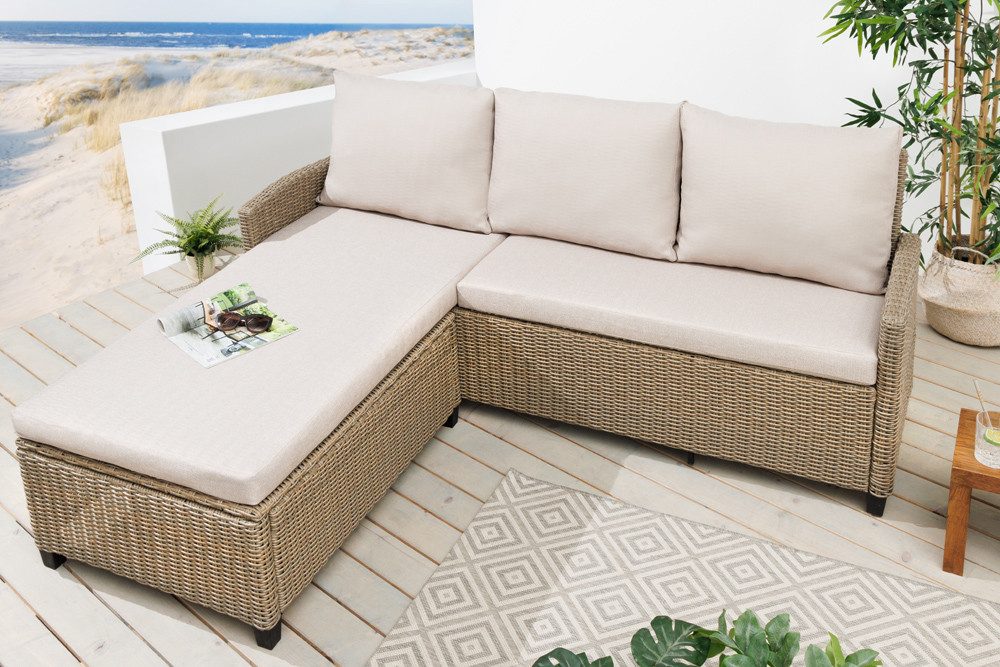 riess-ambiente Loungesofa MONACO 190cm natur · wetterfestes Outdoor-Sofa inkl. Kissen, Einzelartikel 1 Teile, Sitzecke für Balkon/Terrasse/Garten · Ottomane links & rechts