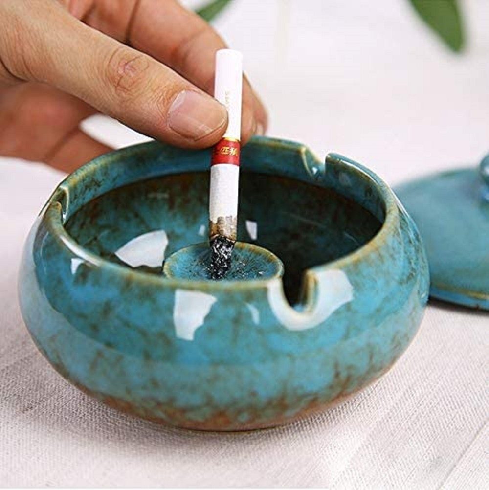COOL-i ® Aschenbecher, Blau Keramik mit aus Aschenbecher Deckel