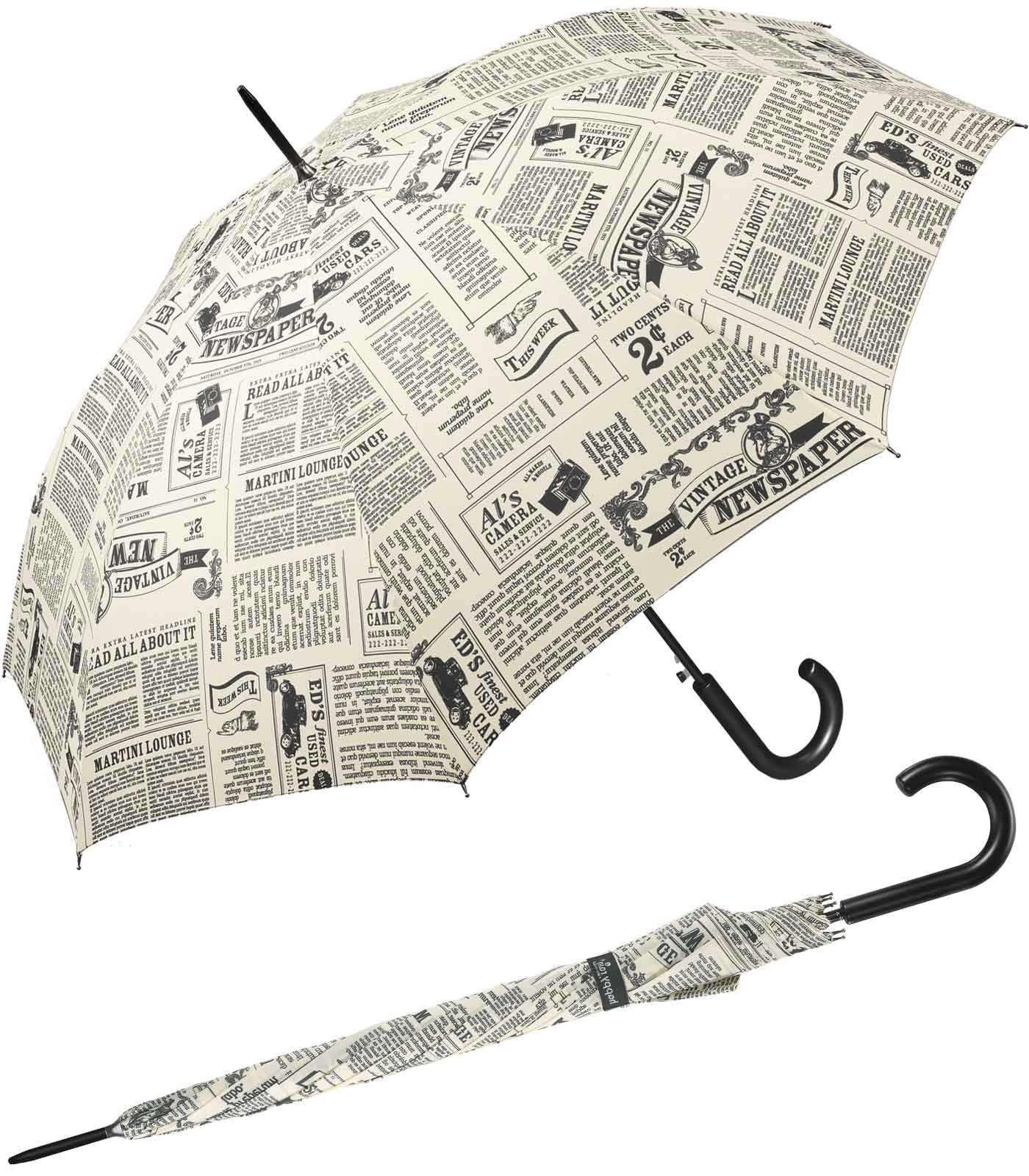 HAPPY RAIN Langregenschirm großer Damen-Regenschirm mit Auf-Automatik, bedruckt mit Zeitungsmeldungen im Vintage-Stil