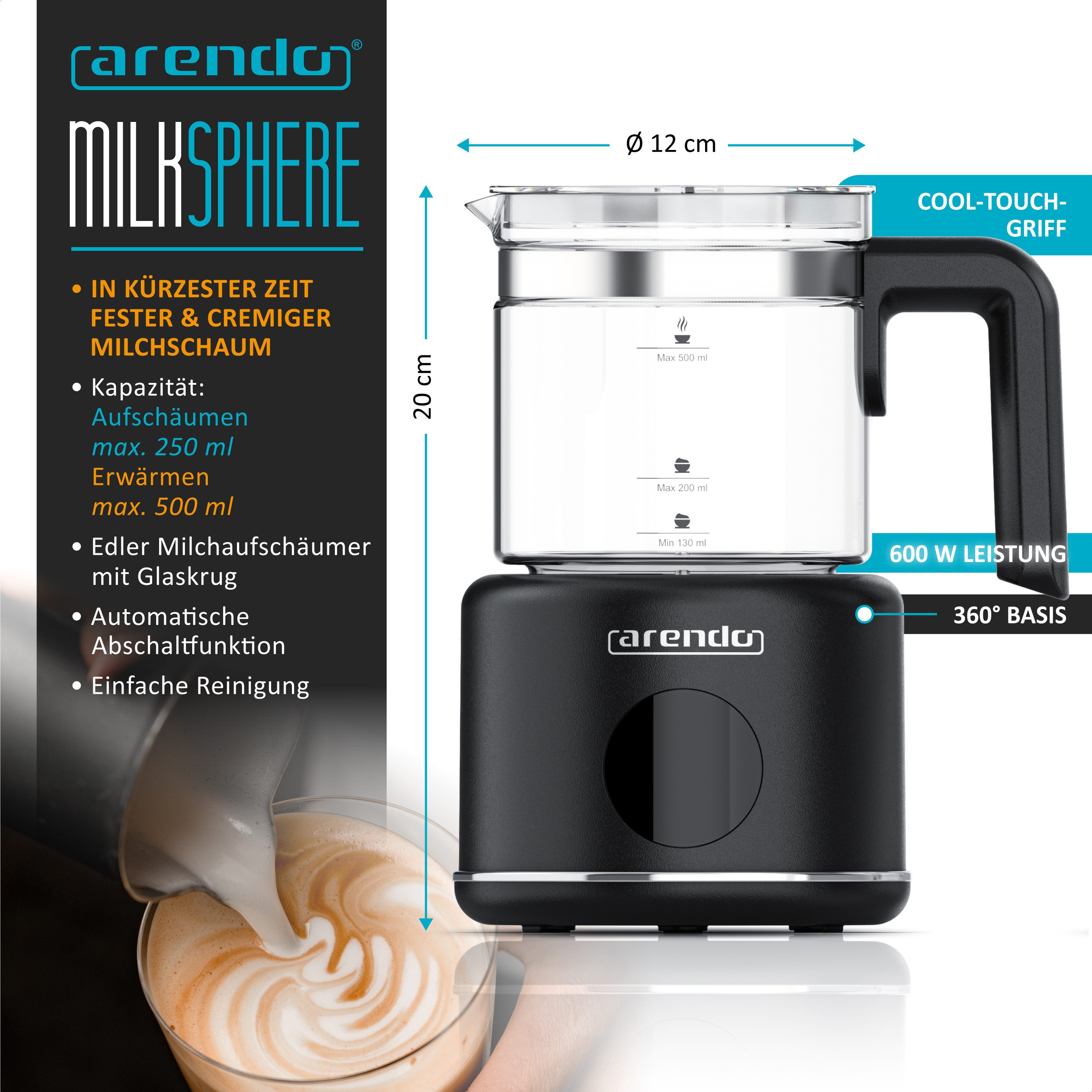Arendo Milchaufschäumer mit 500 ml Glas Behälter, elektrisch, für heißen & kalten Milchschaum, 600 W, 2 Einsätze, für Cappuccino Latte Macchiato heiße Schokolade uvm.