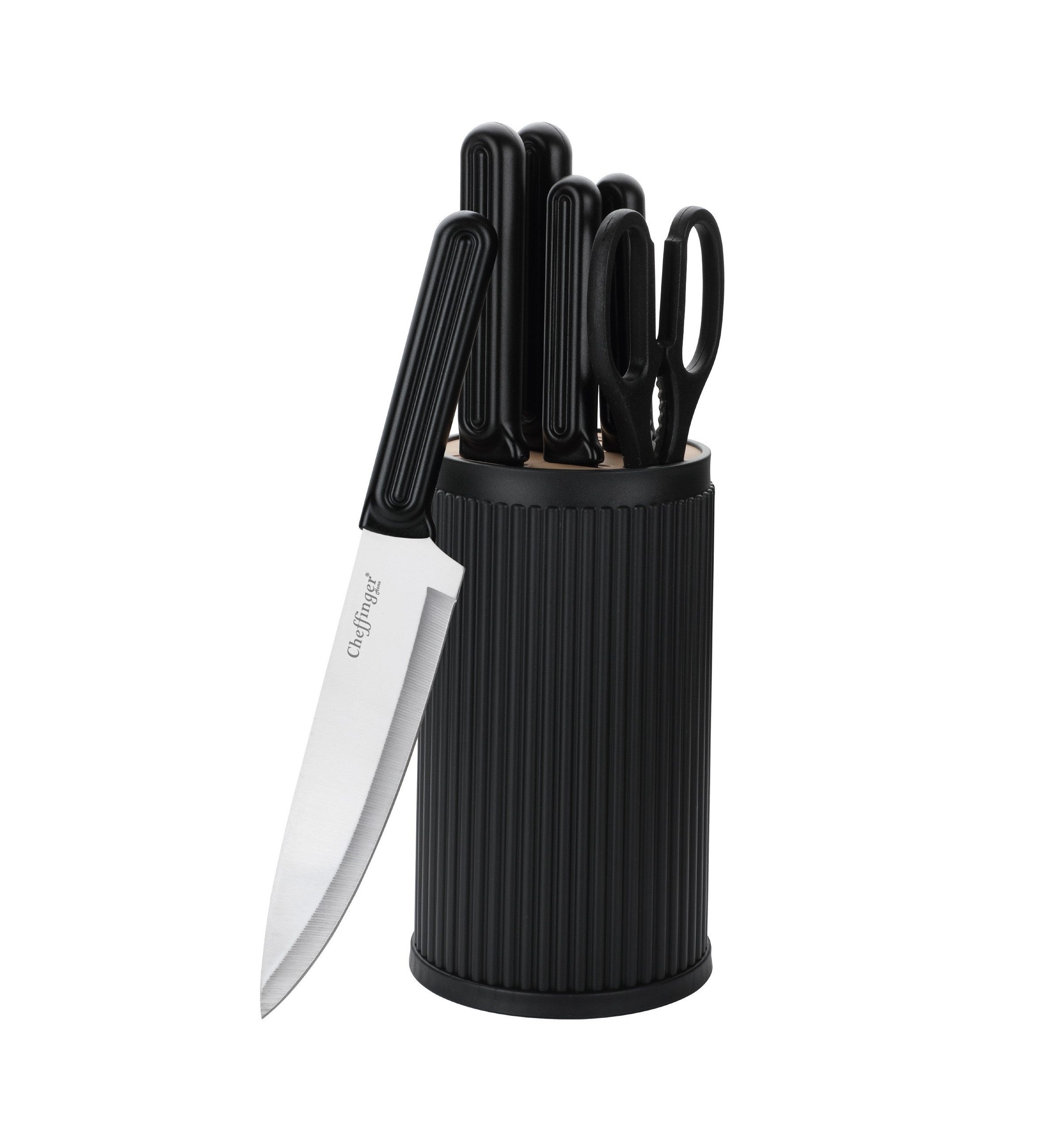 Cheffinger Messer-Set mit Messerblock, 7-teilig, elegantes Design - robust & ergonomisch (7-tlg), platzsparender Messerständer, ergonomischer Kunststoffgriff