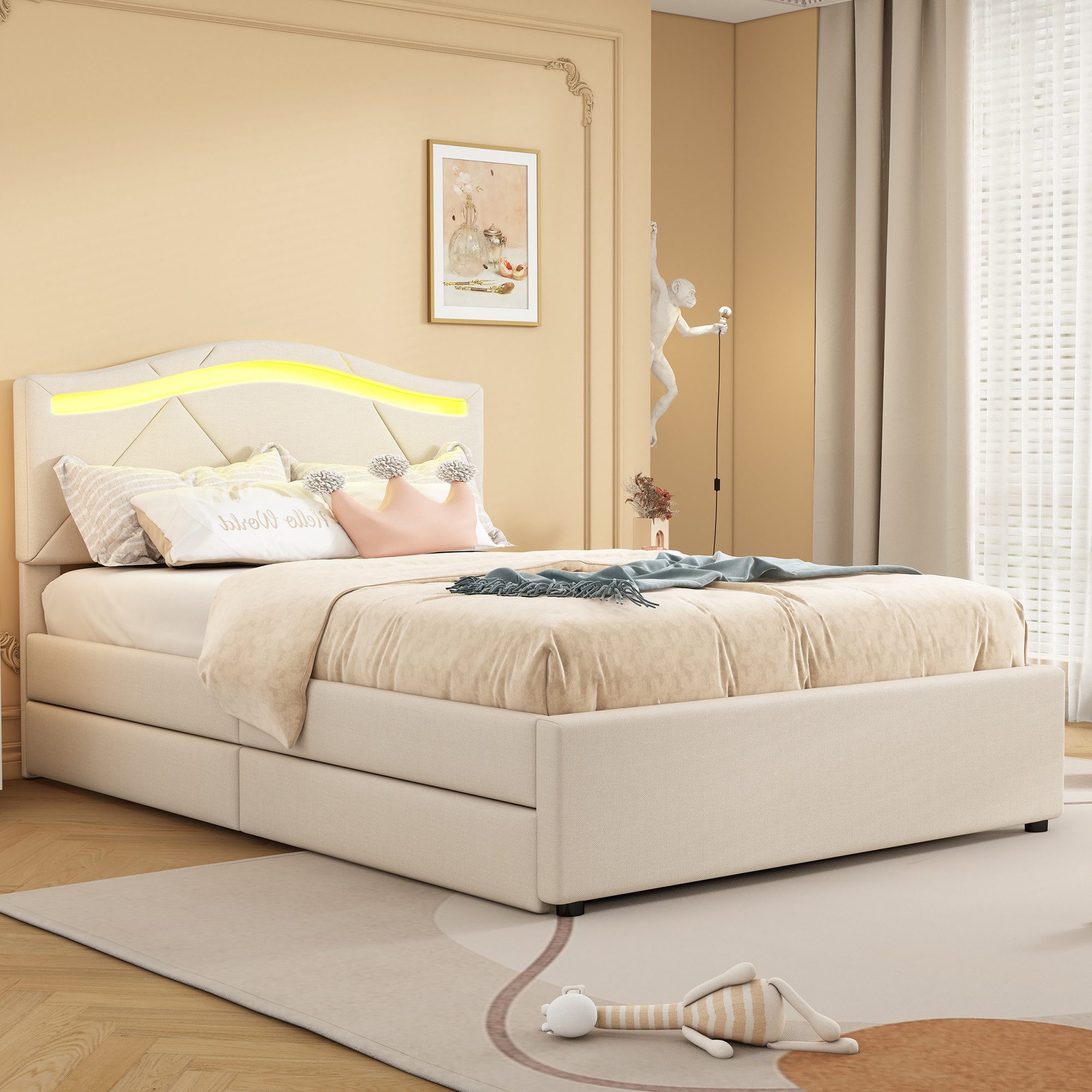 Flieks Polsterbett, LED Einzelbett 90x200cm mit 2 Schubladen und verstellba günstig online kaufen