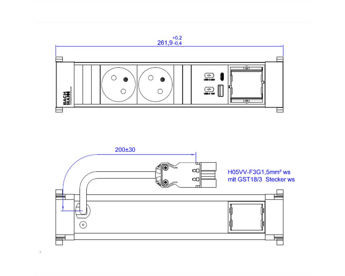 Thumbnail - Bachmann POWER FRAME 2xUTE 1xCM 1xUSB A/C 22W 0,2m GST18 Einbau-Tischsteckdosenleiste (Kabellänge 0.2 m)