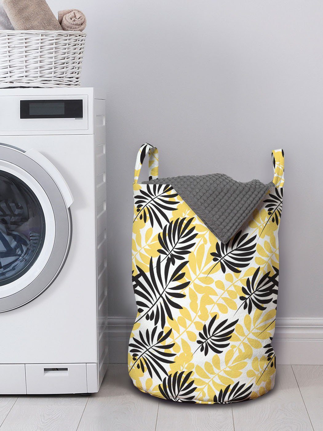 für Wäschesäckchen Griffen Laub-Muster Kordelzugverschluss Waschsalons, und Schwarz Wäschekorb mit Abakuhaus Gelb