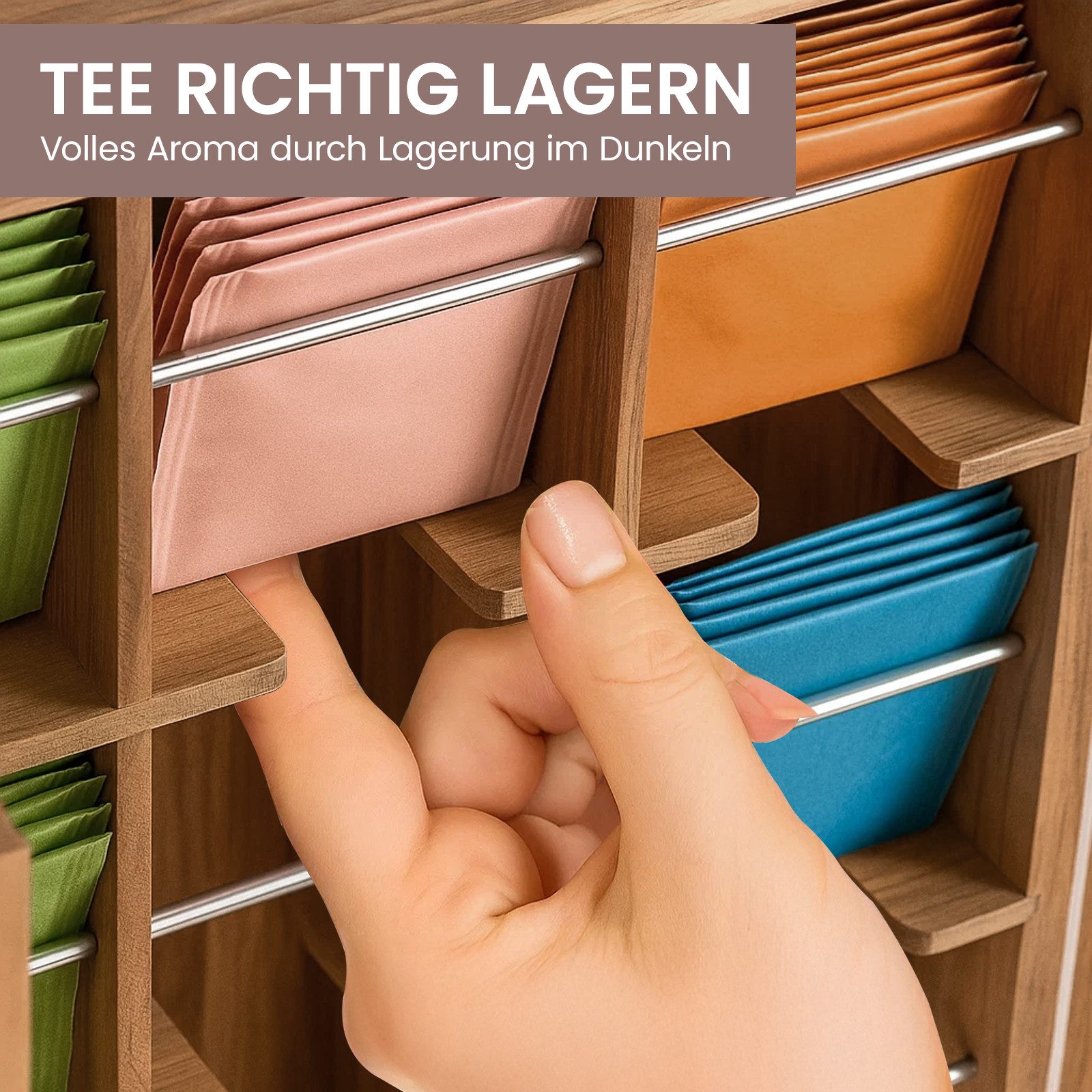 Youyijia Aufbewahrungsbox Organizer-Box aus Holz mit Deckel, 9 Fächer für Tee und Kaffee – Bild 4 von 5