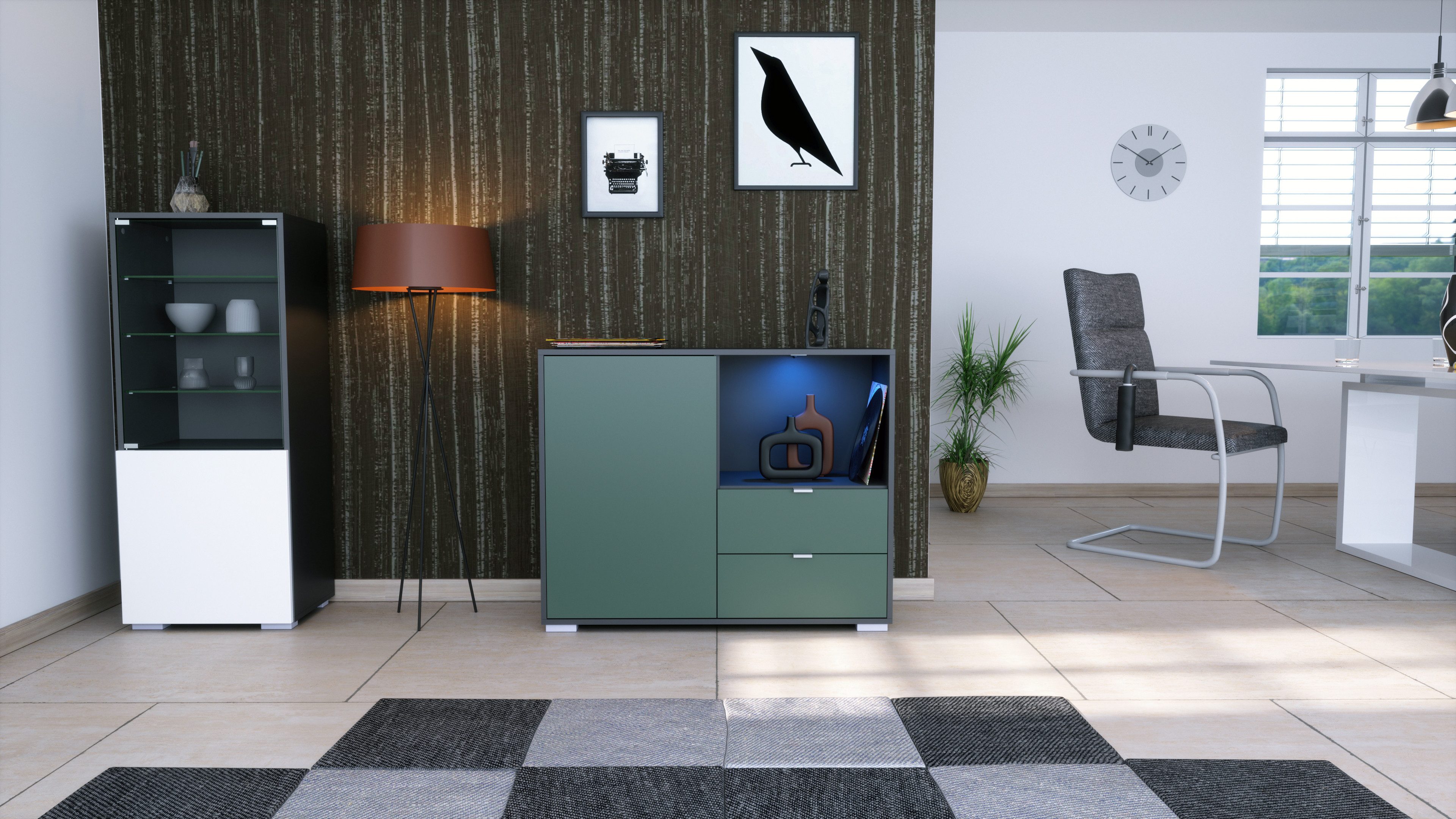 Vladon Kommode Milano (Kommode mit 1 Tür Fjord Grün, 2 Schubladen Fjord Grün, inkl. LED, Made in Germany), Korpus Anthrazit matt (103 x 83 x 37 cm)