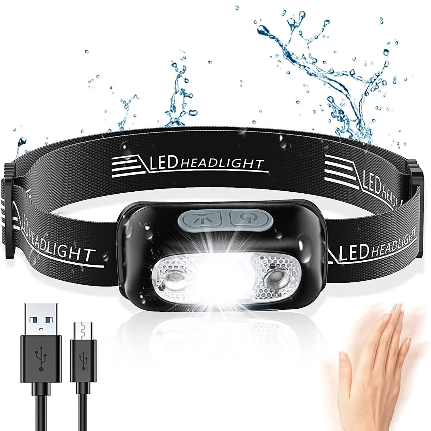 TUWENA LED Stirnlampe LED Wiederaufladbar mit Bewegungssensor & 4 Lichtmodi IPX6 Wasserdicht