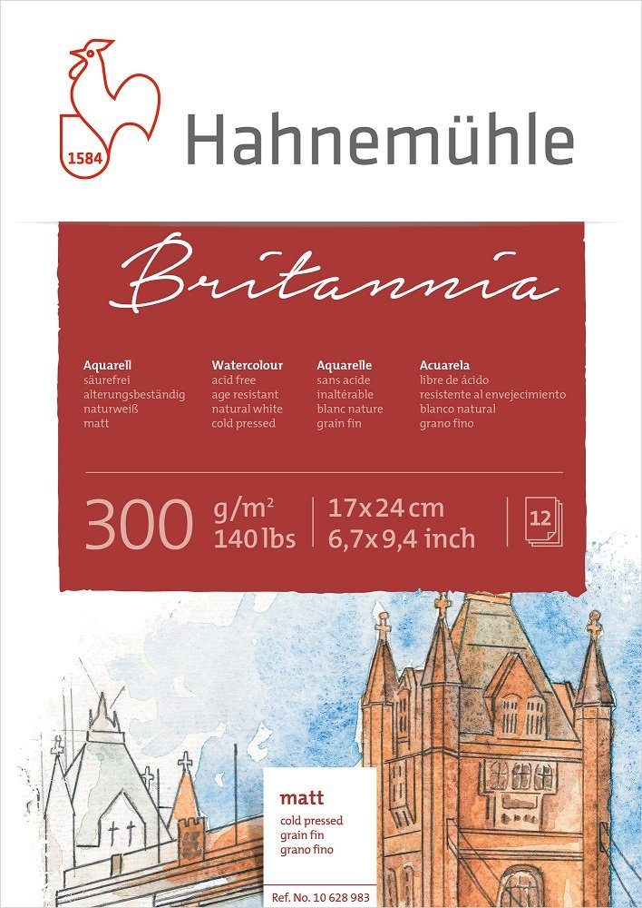 Hahnemühle Aquarellpapier Britannia Aquarellbuch, 17x24cm, matt, 12 Blatt, 300 g/m², naturweiß, alterungsbeständig, säurefrei