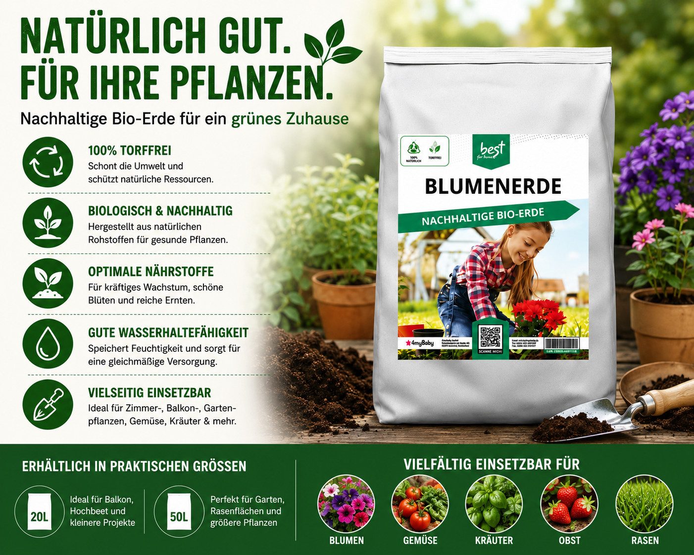 Best for Home Bio-Erde Bio-Blumenerde – Torffrei, für Zimmer- & Balkonpflanzen Blumenerde, mit Organische Pflanzerde, (Einzelartikel, 1-St., 20L / 50L Sack), Bi – Bild 5 von 5