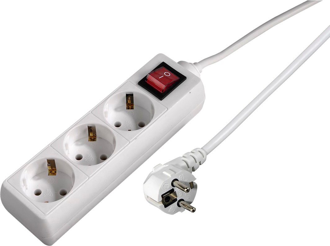 Hama Mehrfachsteckdose, 3-fach, Steckerleiste mit Schalter, 3 m Kabel, weiß Steckdosenleiste 3-fach (Ein- / Ausschalter, Schalterbeleuchtung, Kabellänge 3 m), Mehrfachsteckdose, Steckerleiste mit Schalter