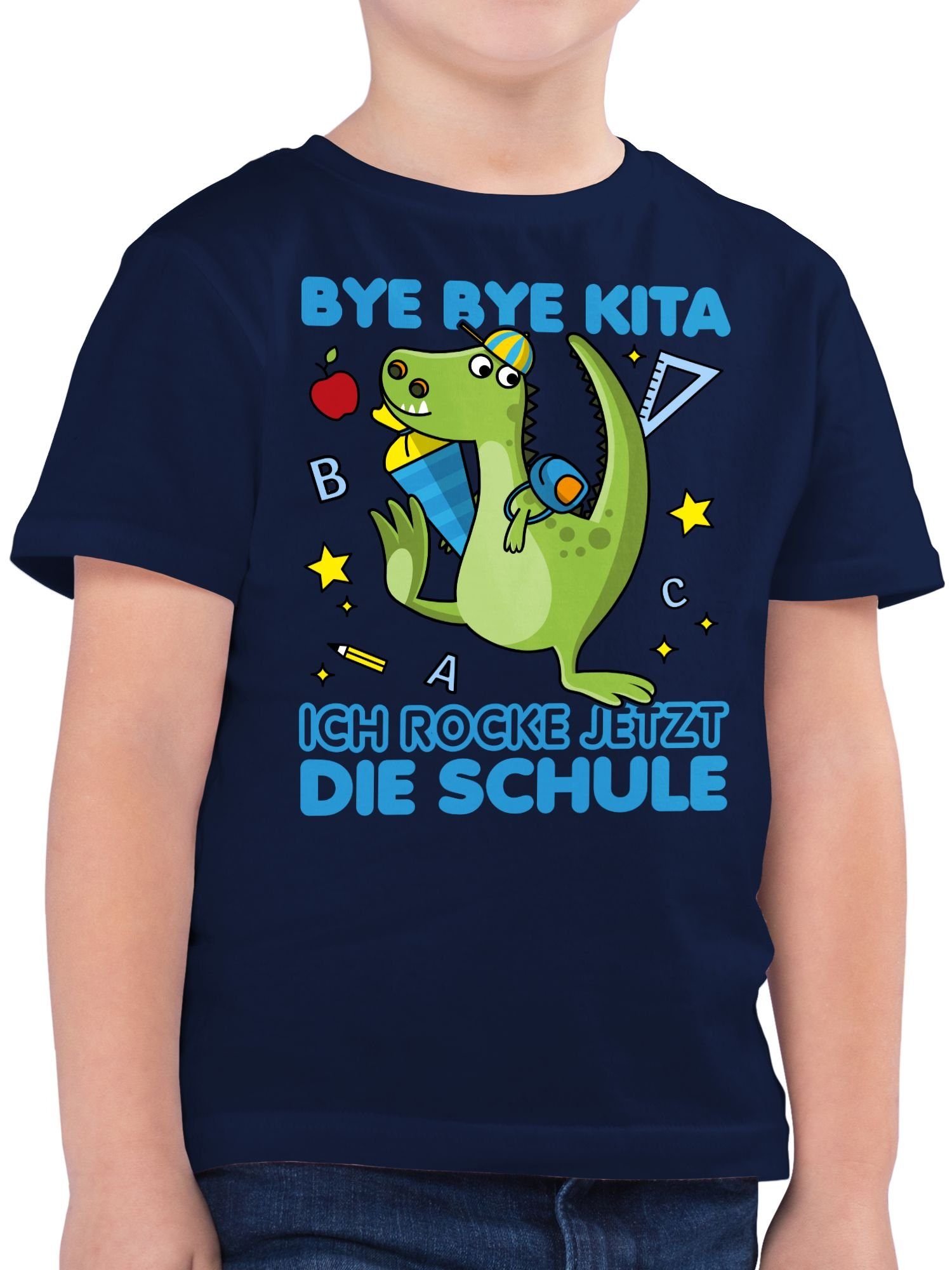 Shirtracer T-Shirt Bye Bye Kita ich rocke jetzt die Schule Dino Schultüte Einschulung Junge Schulanfang Geschenke 1 Dunkelblau