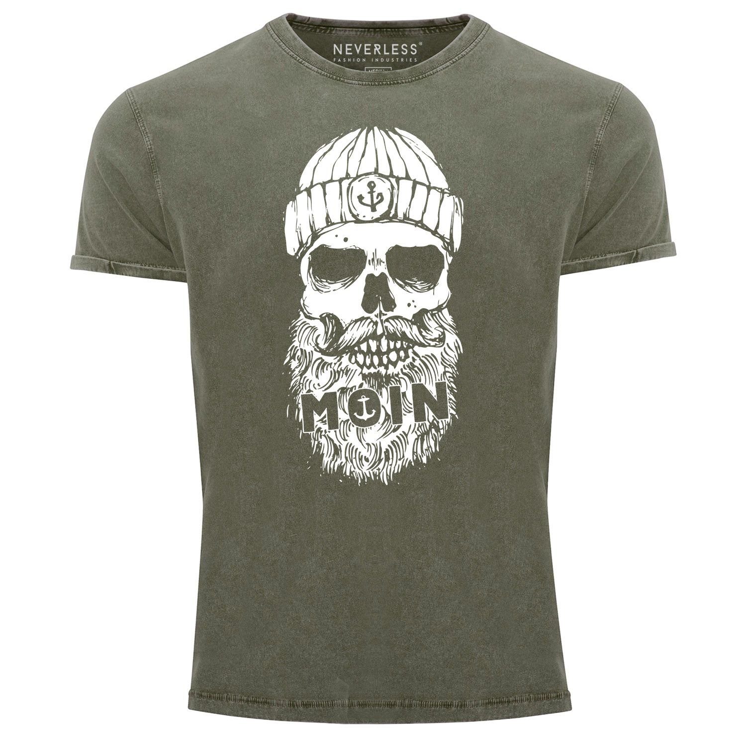 Neverless Print-Shirt Herren Vintage Print Aufdruck Neverless® mit Totenkopf Anker oliv Skull Used Look T-Shirt Slim Printshirt Fit Moin Shirt