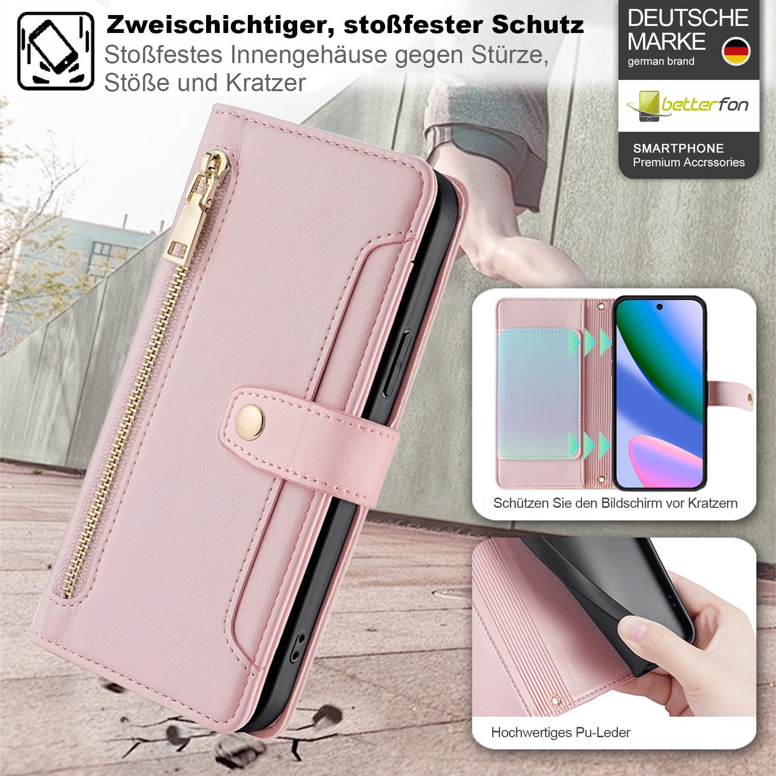 betterfon Handykette für Google Pixel 10 / 10 Pro mit Band Kartenfächer PU Leder Rosa, Hände frei - mit Silikonhülle & Schnur für flexiblen Alltag – Bild 2 von 5