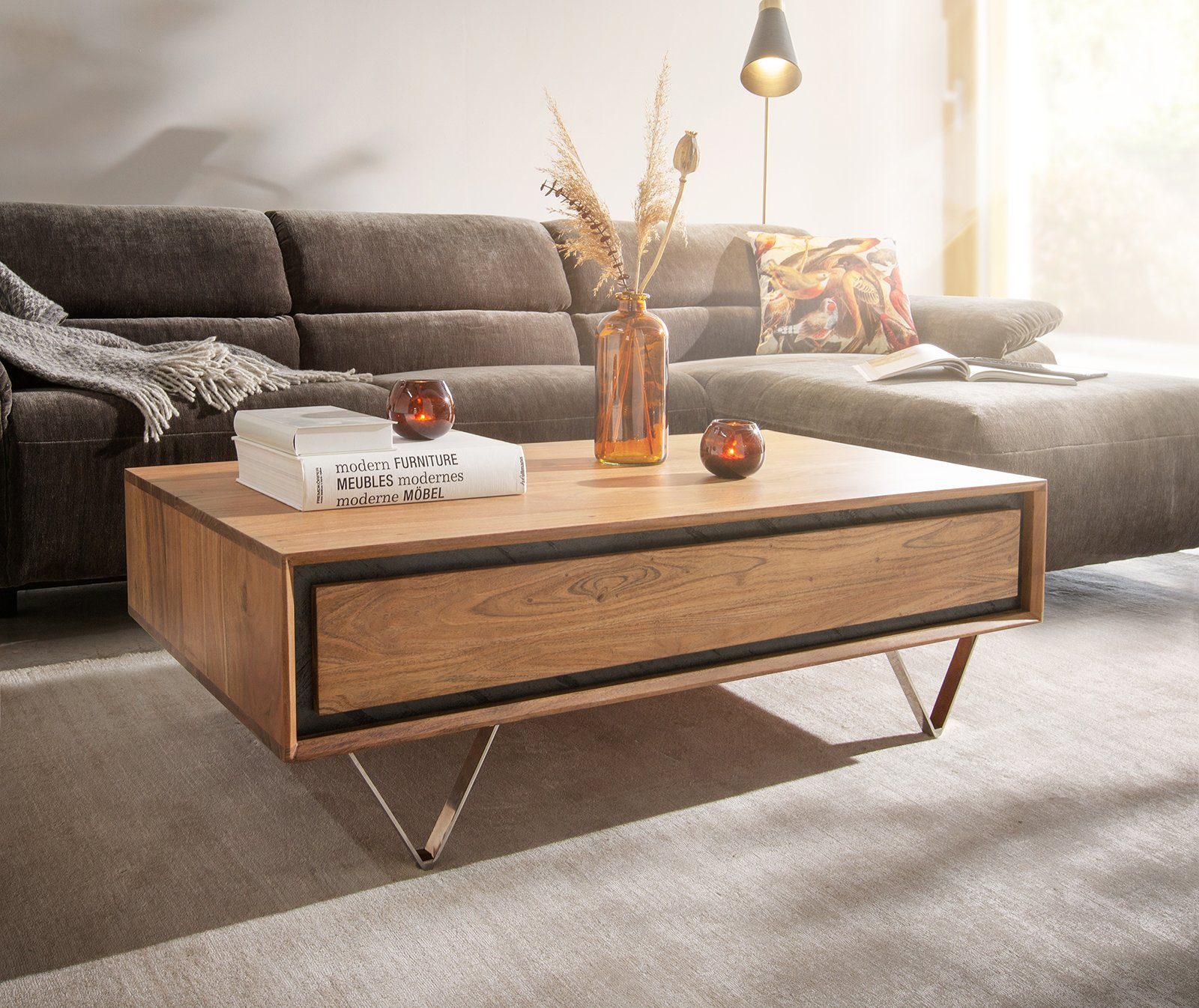 DELIFE Couchtisch Stonegrace, Akazie Natur 115x60 cm 2 Schubladen Steinfurnier Couchtisch
