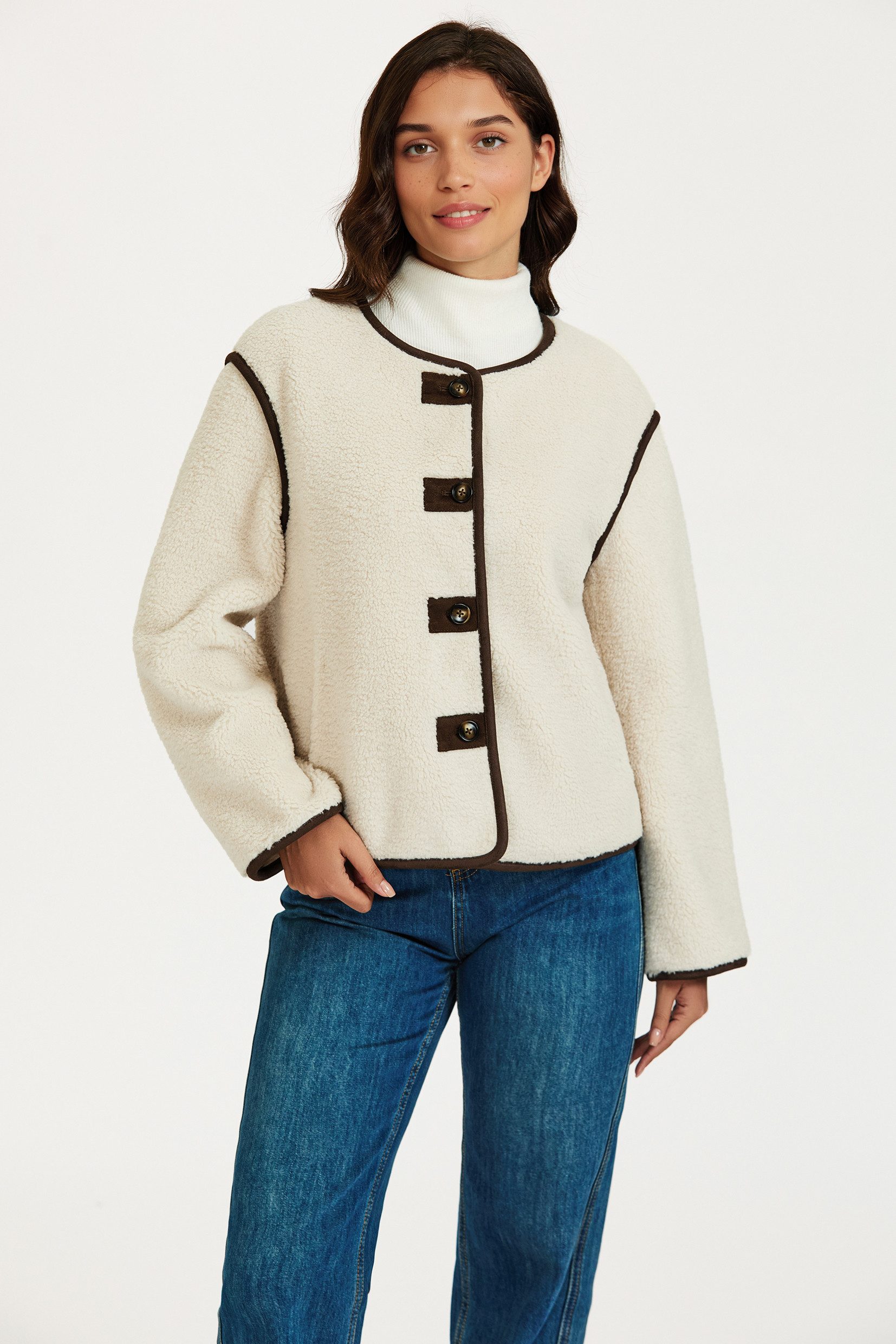 FS Collection Fellimitatjacke Teddyjacke Damen – Lammfellimitat-Jacke – Jacke aus Kunstfell (Größen: S, M, L, XL) 100% Polyester