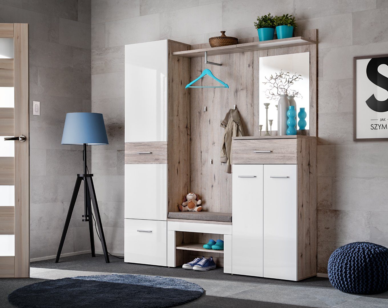 Garderoben-Set Flurgarderobe GUSTAVO III mitSpiegel Hochglanzfronten und Sitzbank