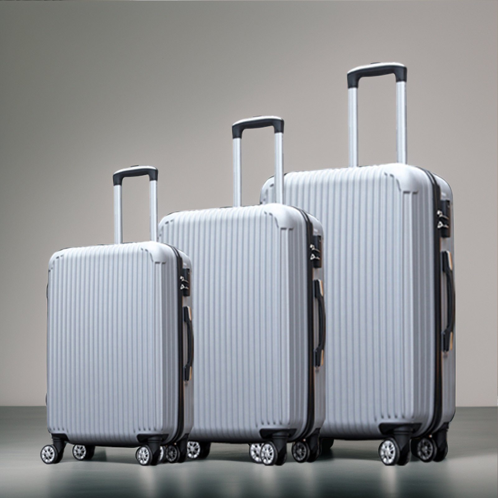 FUROKOY Kofferset 3-teiliges Set, Hartschalen-Handgepäck ABS-Material, , Rollkoffer, Reisekoffer mit Zahlenschloss silbrig